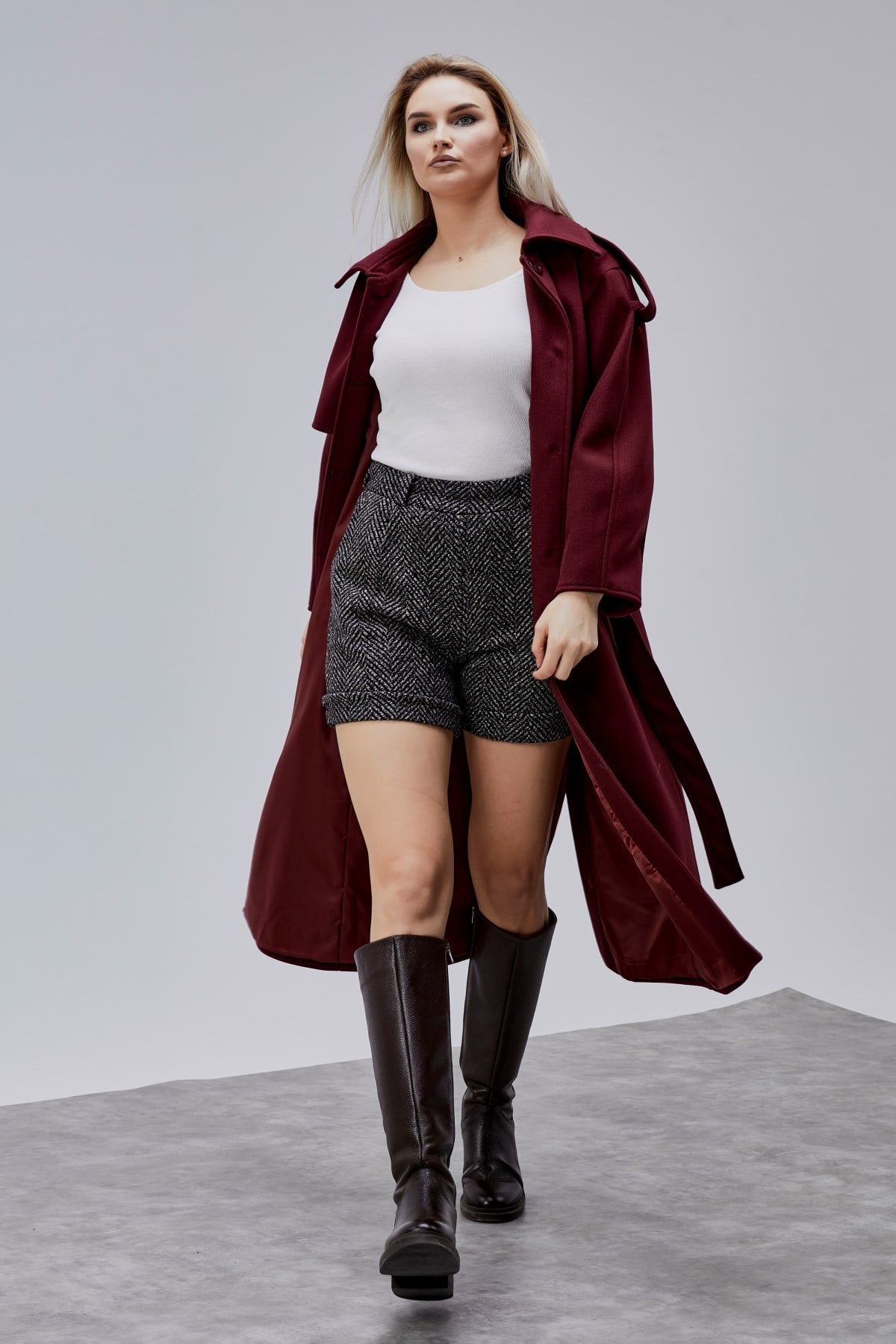 Marvella Bordo Premium Apoletli Rüzgarlık Detaylı Kaşe Kaban