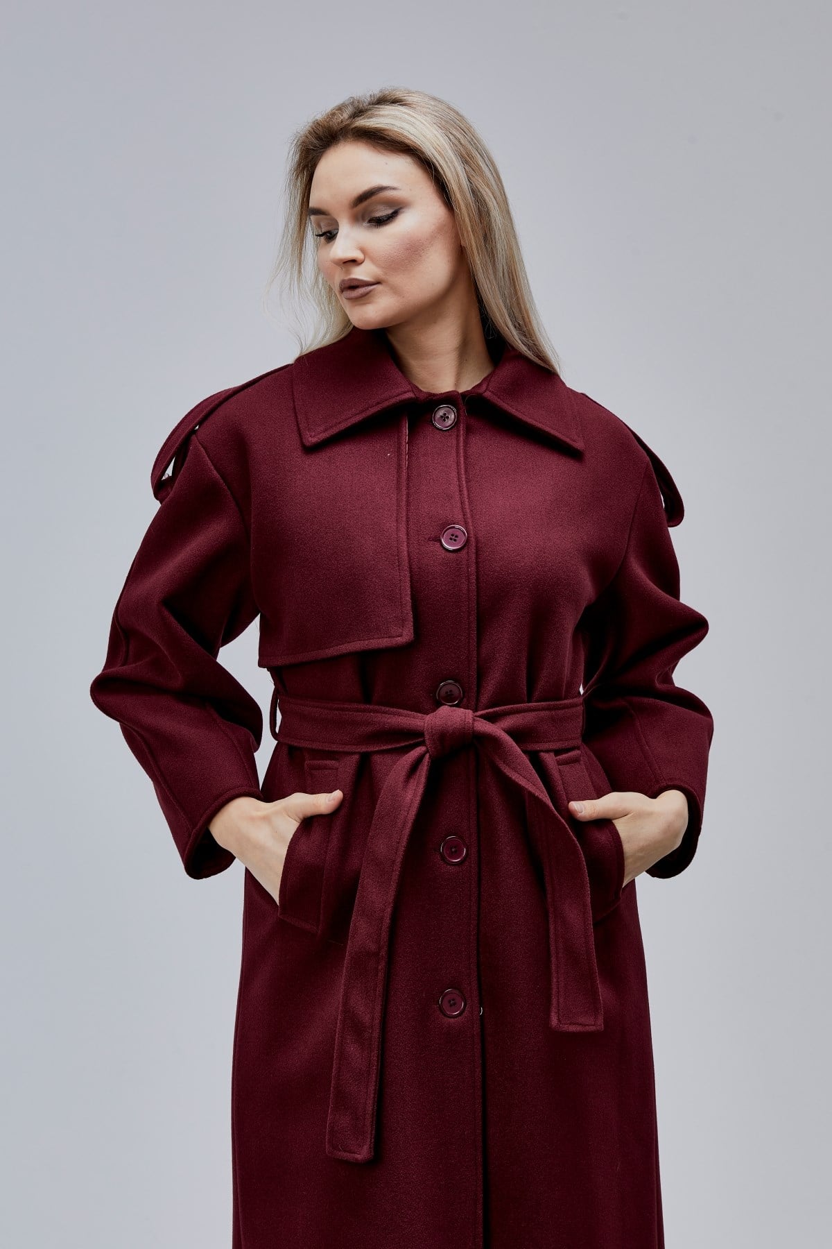 Marvella Bordo Premium Apoletli Rüzgarlık Detaylı Kaşe Kaban