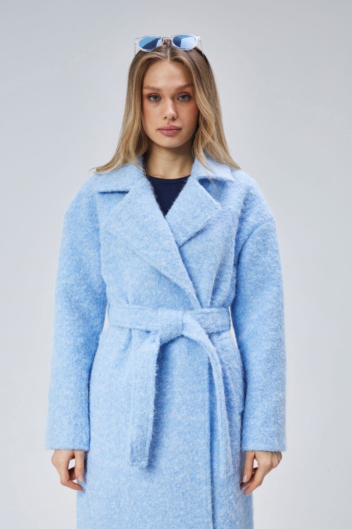 Mavi Buklet Kaşe Oversize Kaban