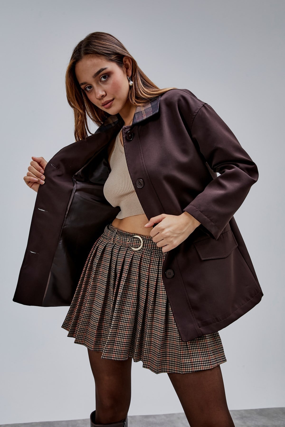 Mia Acı Kahve Ekose Yaka Cepli Oversize Trençkot