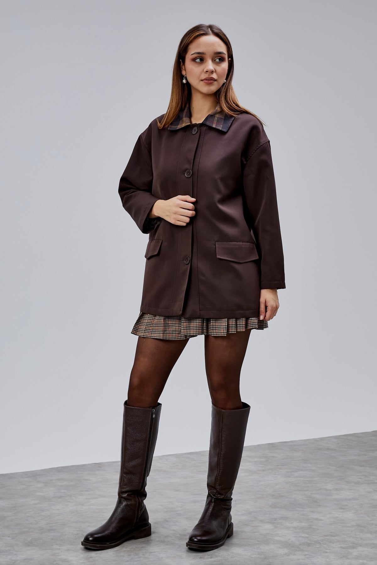 Mia Acı Kahve Ekose Yaka Cepli Oversize Trençkot