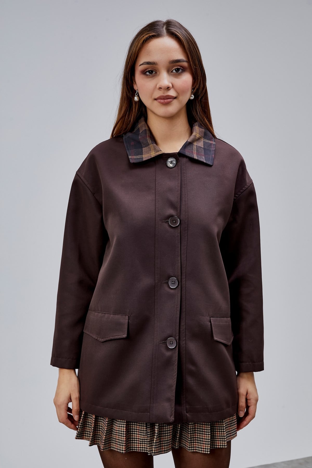 Mia Acı Kahve Ekose Yaka Cepli Oversize Trençkot