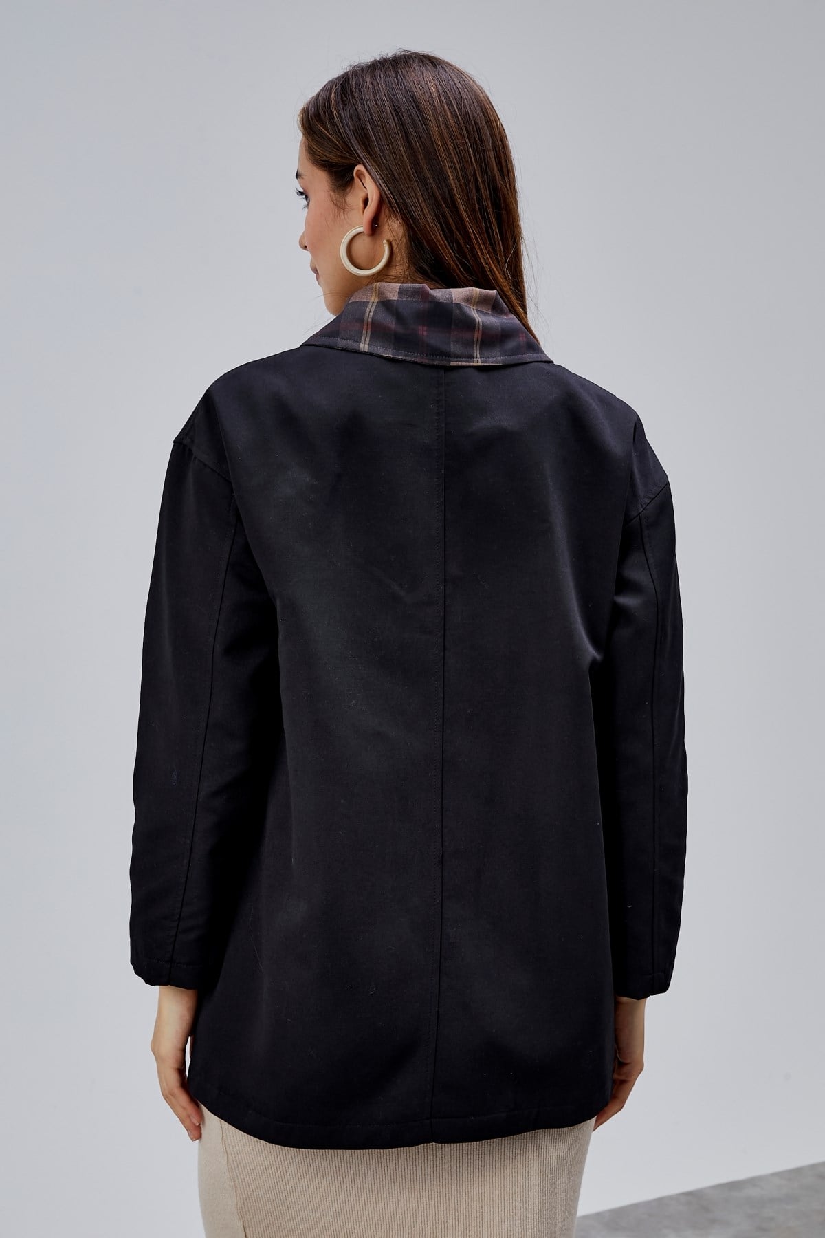 Mia Siyah Ekose Yaka Cepli Oversize Trençkot