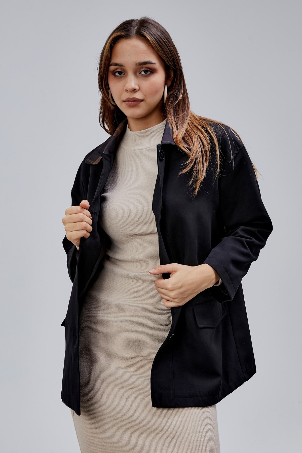 Mia Siyah Ekose Yaka Cepli Oversize Trençkot