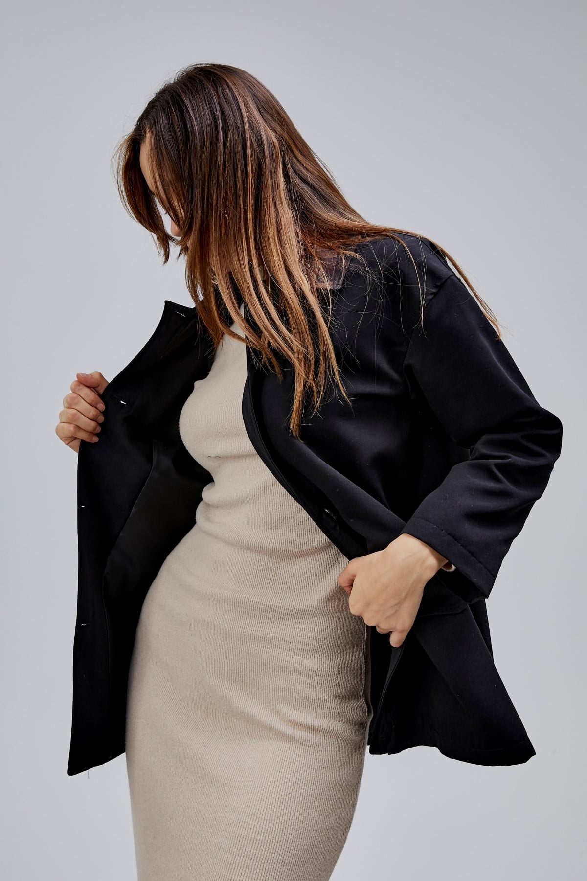 Mia Siyah Ekose Yaka Cepli Oversize Trençkot