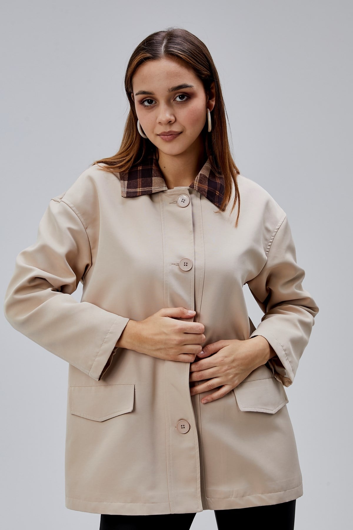 Mia Vizon Ekose Yaka Cepli Oversize Trençkot