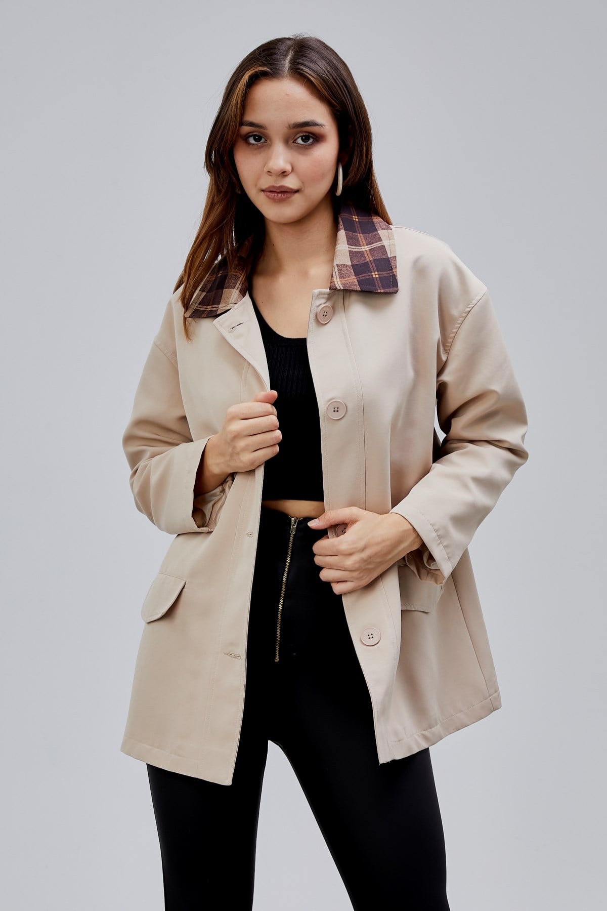 Mia Vizon Ekose Yaka Cepli Oversize Trençkot