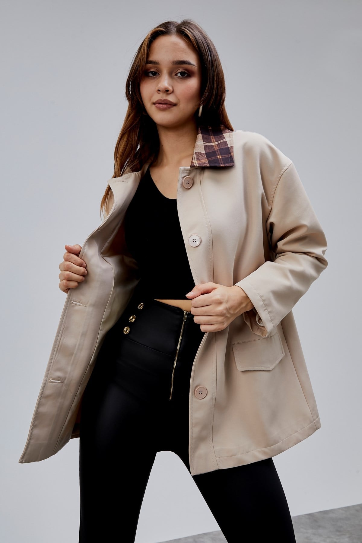 Mia Vizon Ekose Yaka Cepli Oversize Trençkot