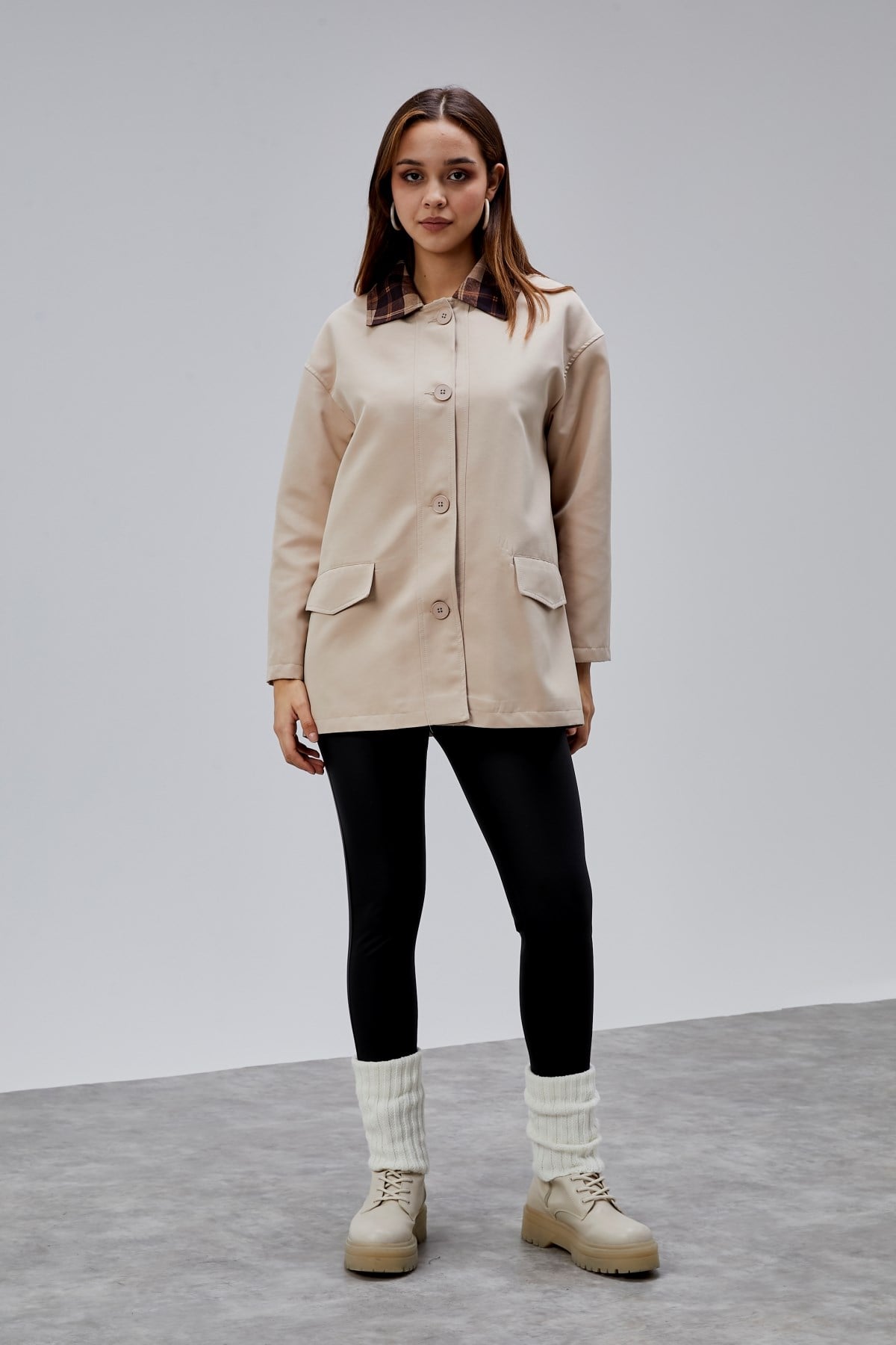Mia Vizon Ekose Yaka Cepli Oversize Trençkot