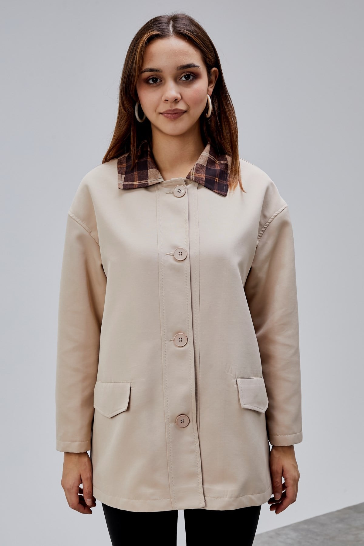 Mia Vizon Ekose Yaka Cepli Oversize Trençkot