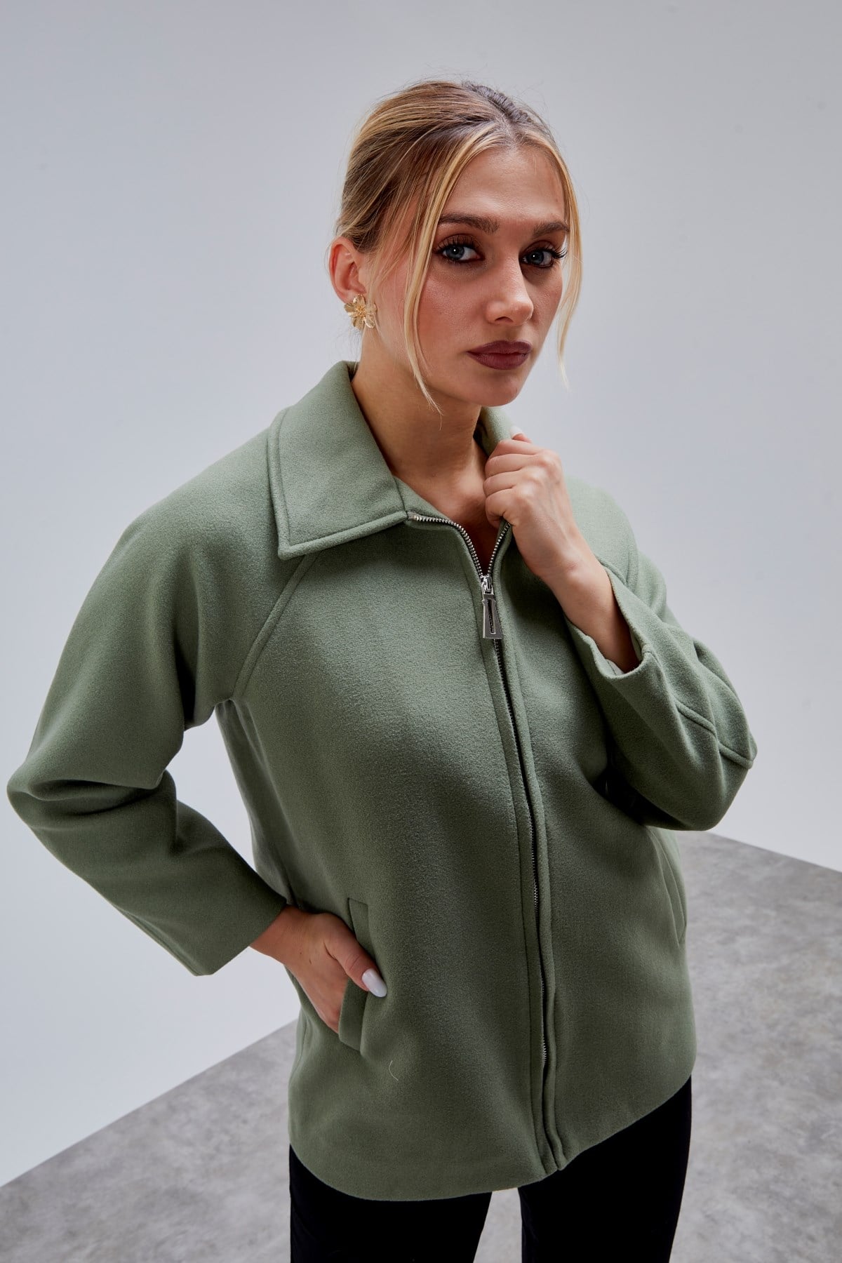 Mint Oversize Fermuarlı Kaşe Ceket