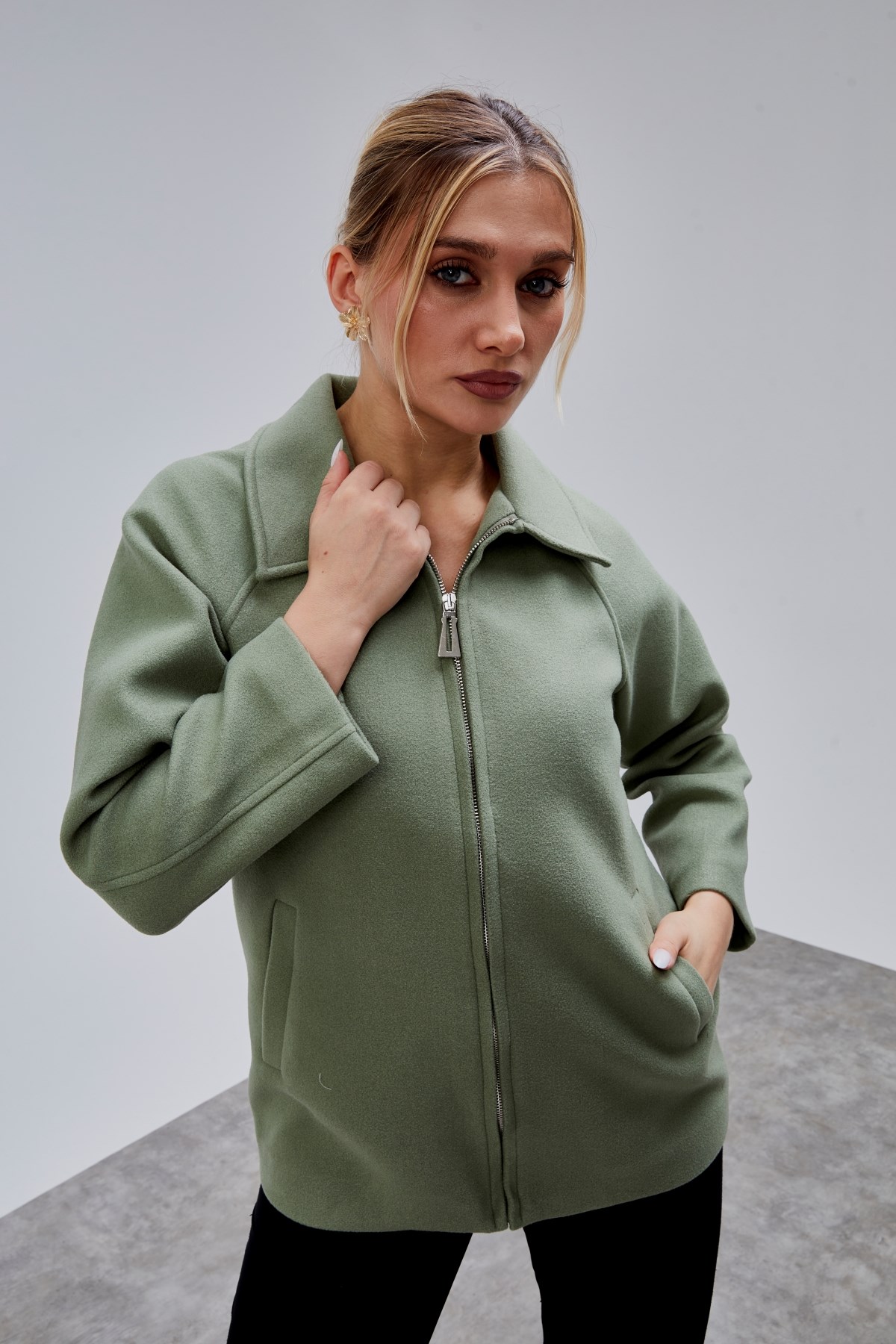 Mint Oversize Fermuarlı Kaşe Ceket