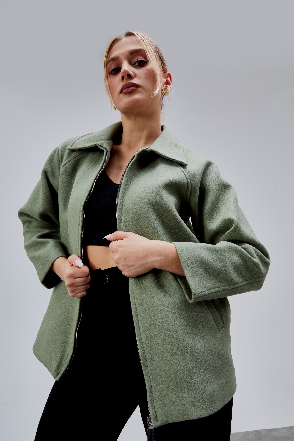 Mint Oversize Fermuarlı Kaşe Ceket