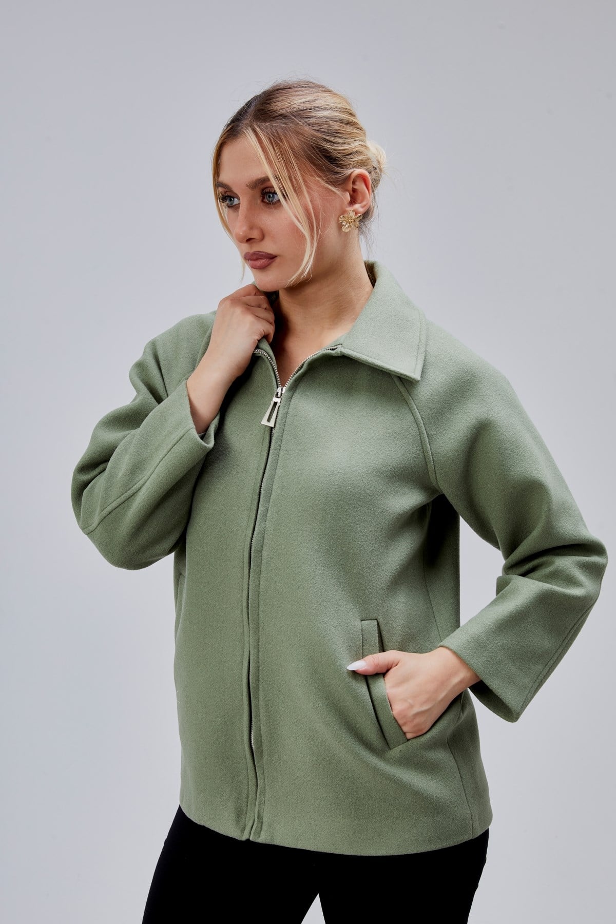 Mint Oversize Fermuarlı Kaşe Ceket