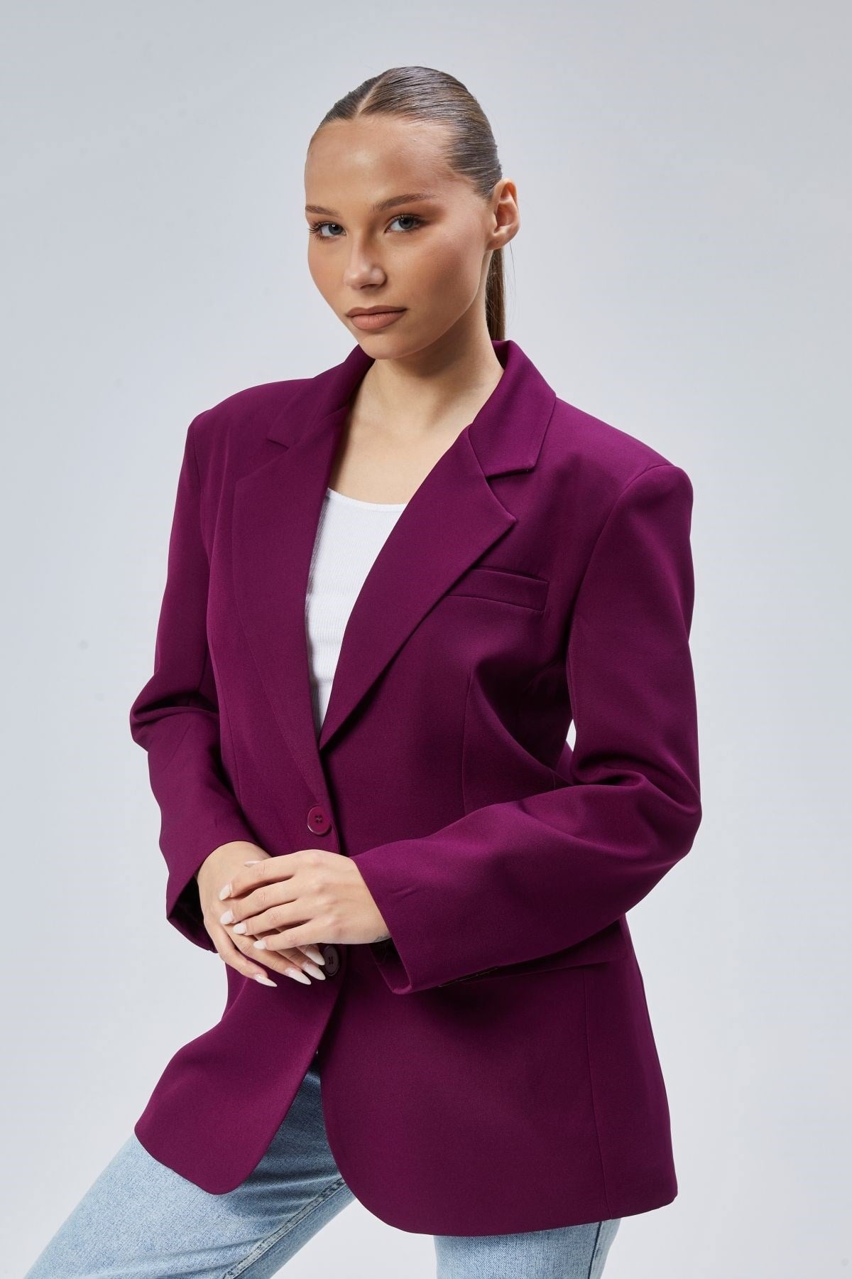 Mor Kadın Düğmeli Oversize Blazer Ceket