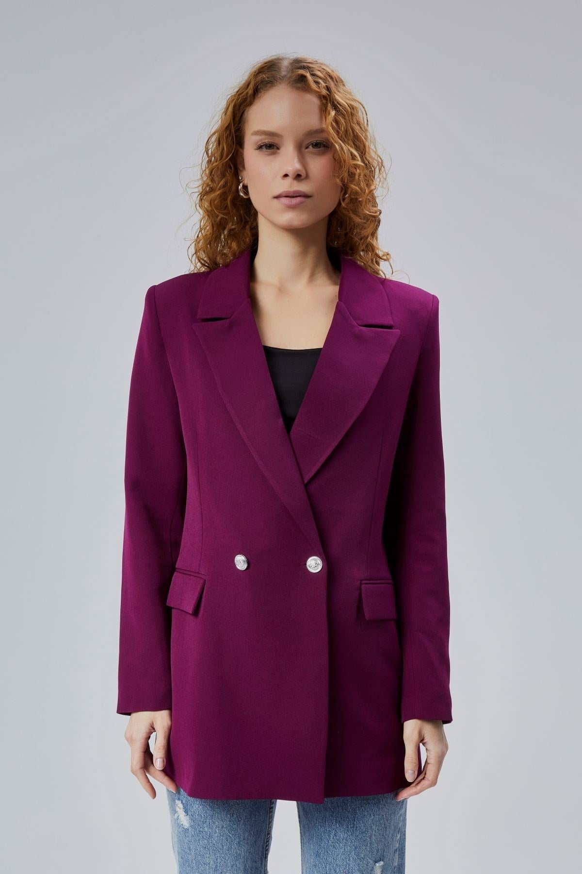 Mor Oversize Dokuma Blazer Ceket