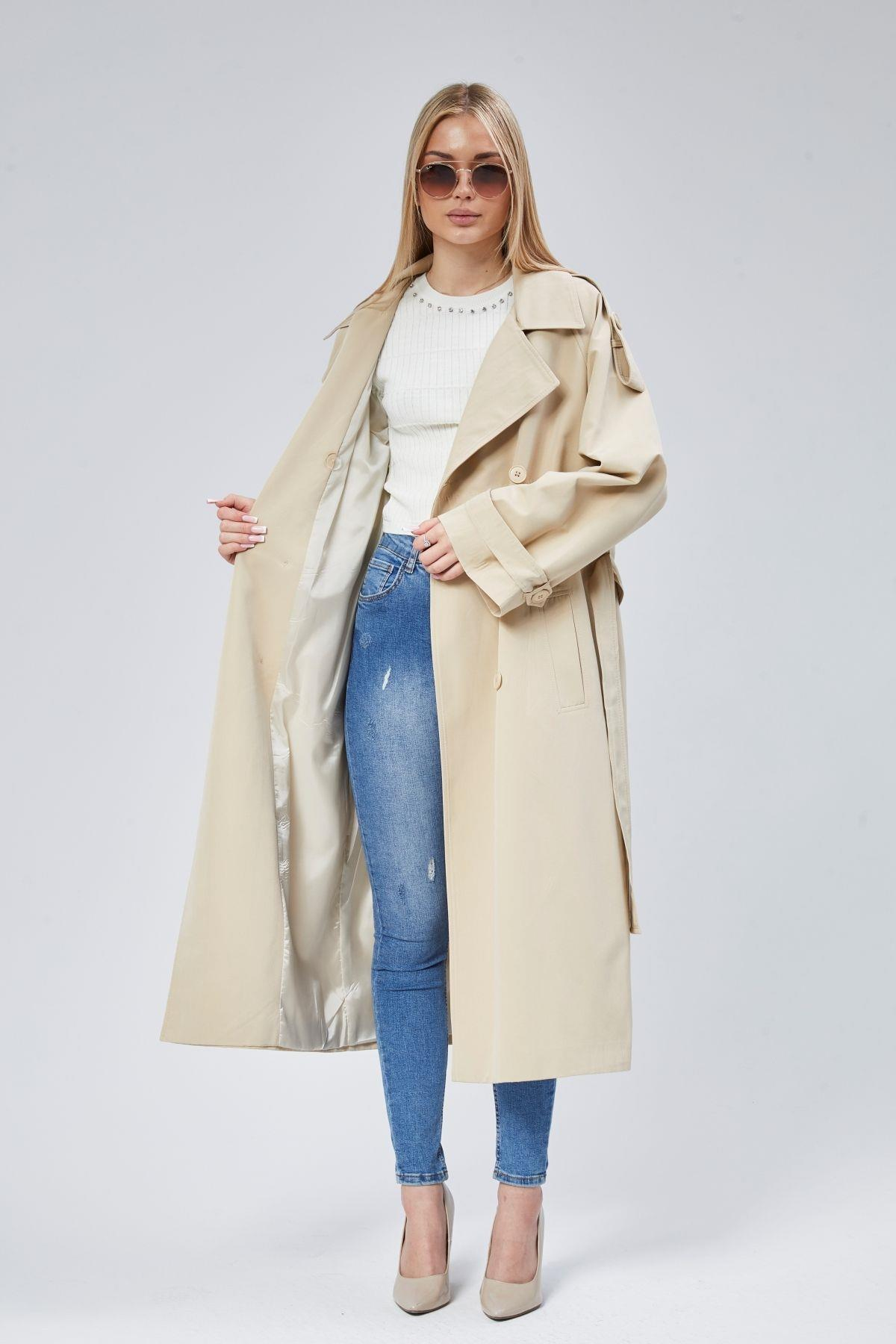 Oversize Kruvaze Kapama Rüzgarlık Detaylı Trençkot