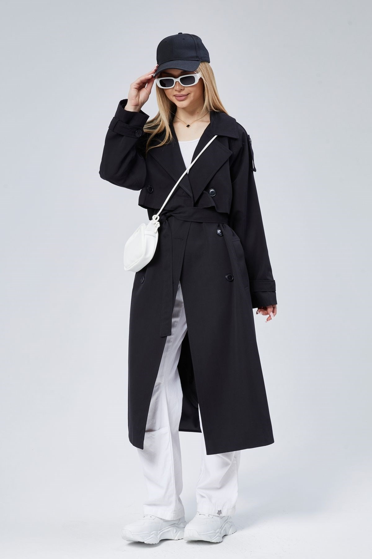 Oversize Kruvaze Kapama Rüzgarlık Detaylı Trençkot 44956