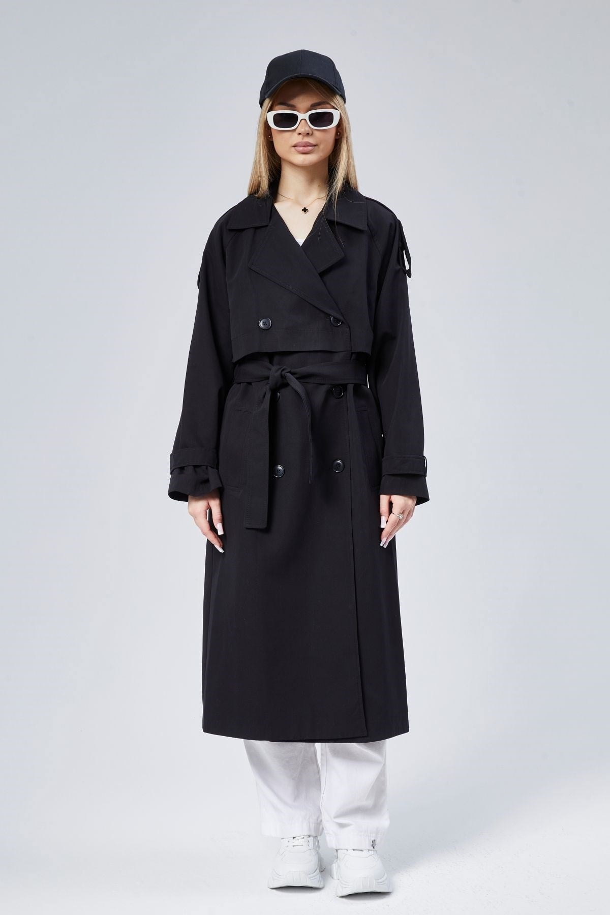 Oversize Kruvaze Kapama Rüzgarlık Detaylı Trençkot 44956