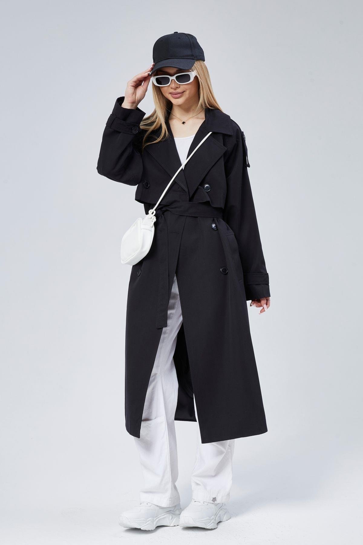 Oversize Kruvaze Kapama Rüzgarlık Detaylı Trençkot