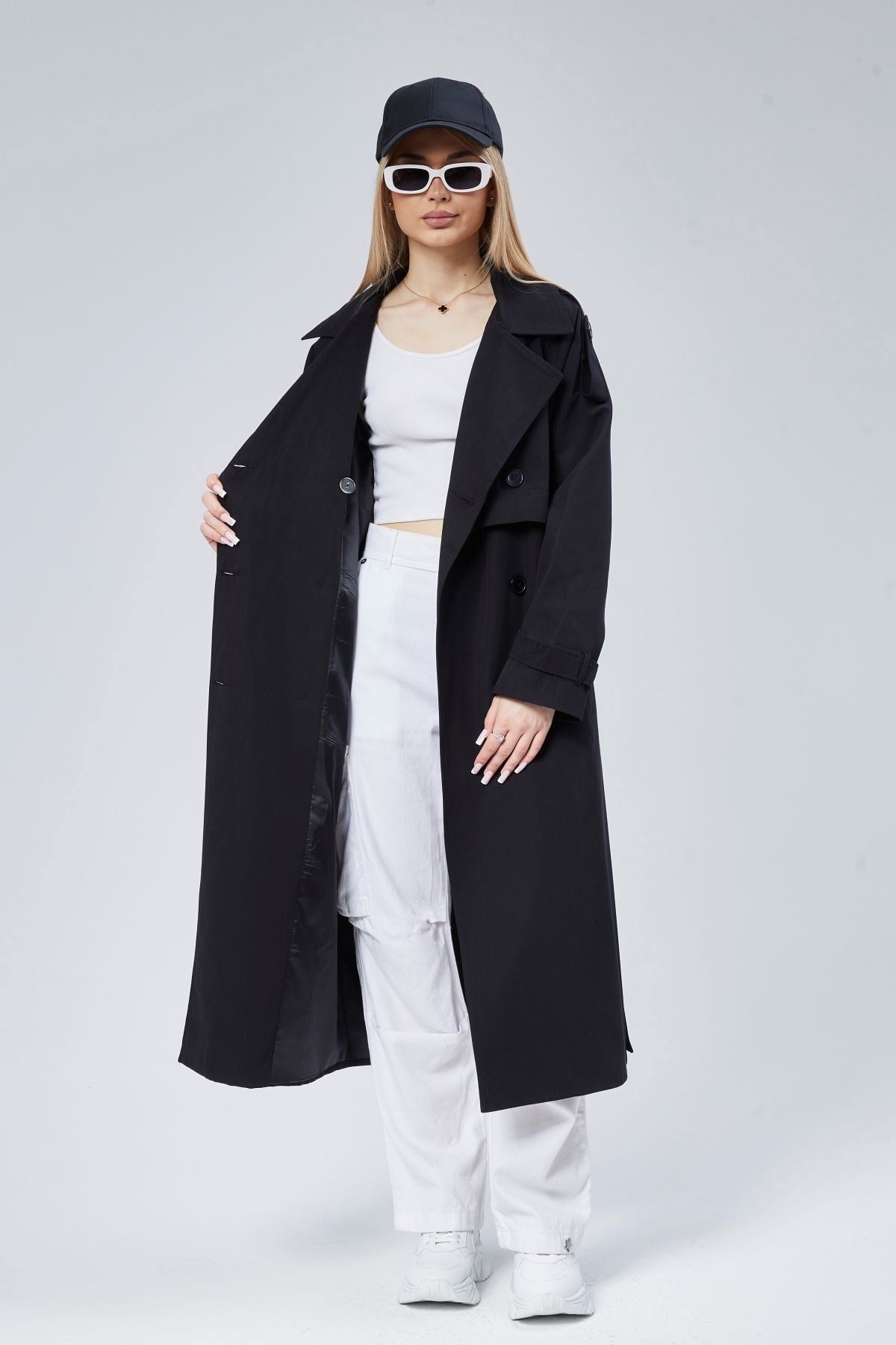 Oversize Kruvaze Kapama Rüzgarlık Detaylı Trençkot 44956