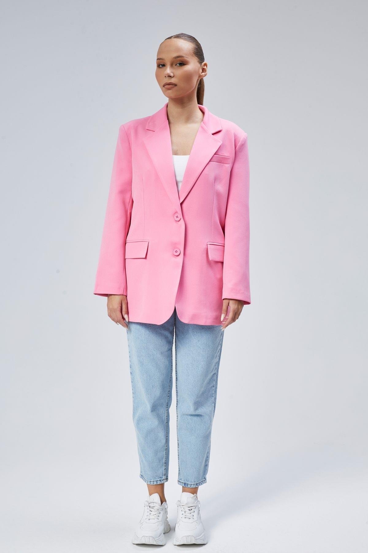 Pembe Kadın Düğmeli Oversize Blazer Ceket