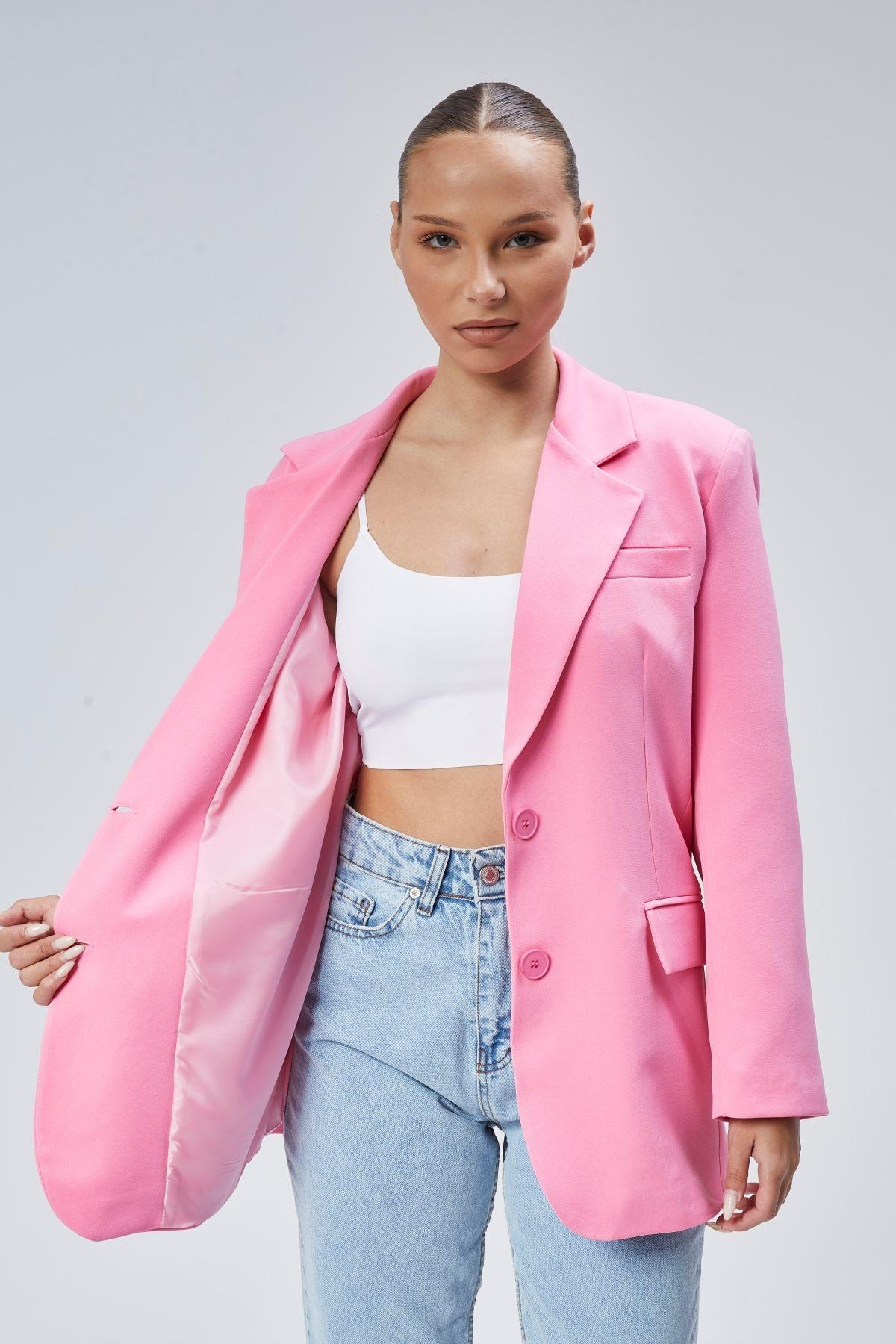 Pembe Kadın Düğmeli Oversize Blazer Ceket