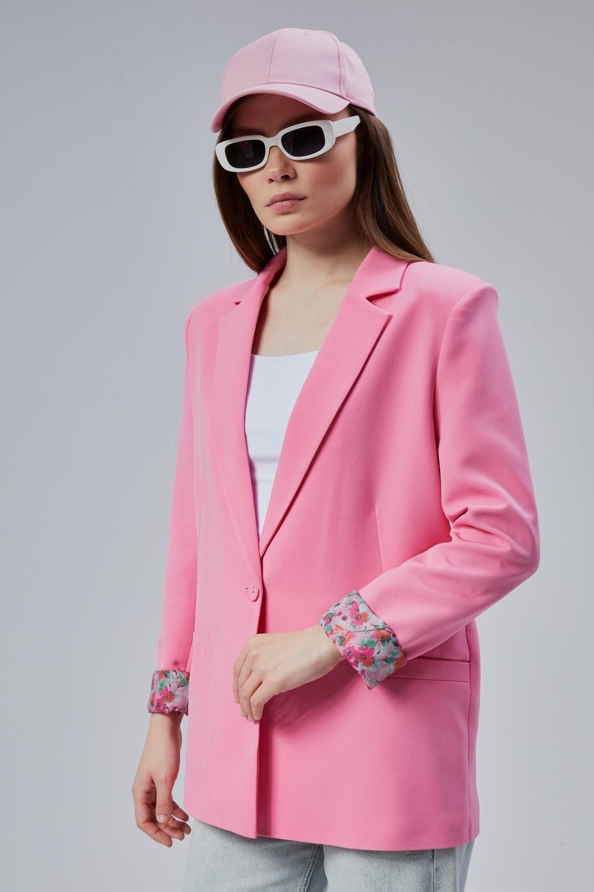 Pembe Kruvaze Yaka Kolu Katlama Detaylı Regular Vatkalı Blazer Ceket