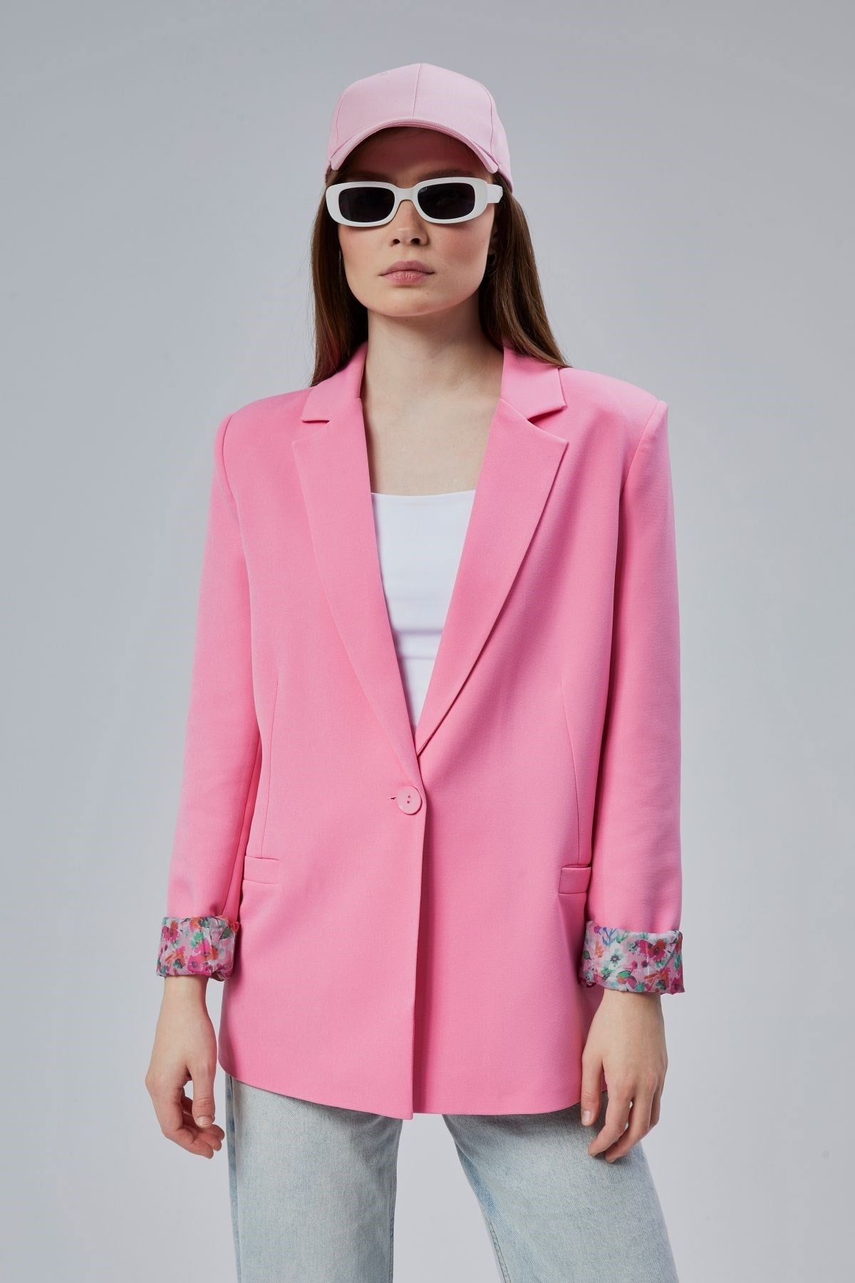 Pembe Kruvaze Yaka Kolu Katlama Detaylı Regular Vatkalı Blazer Ceket