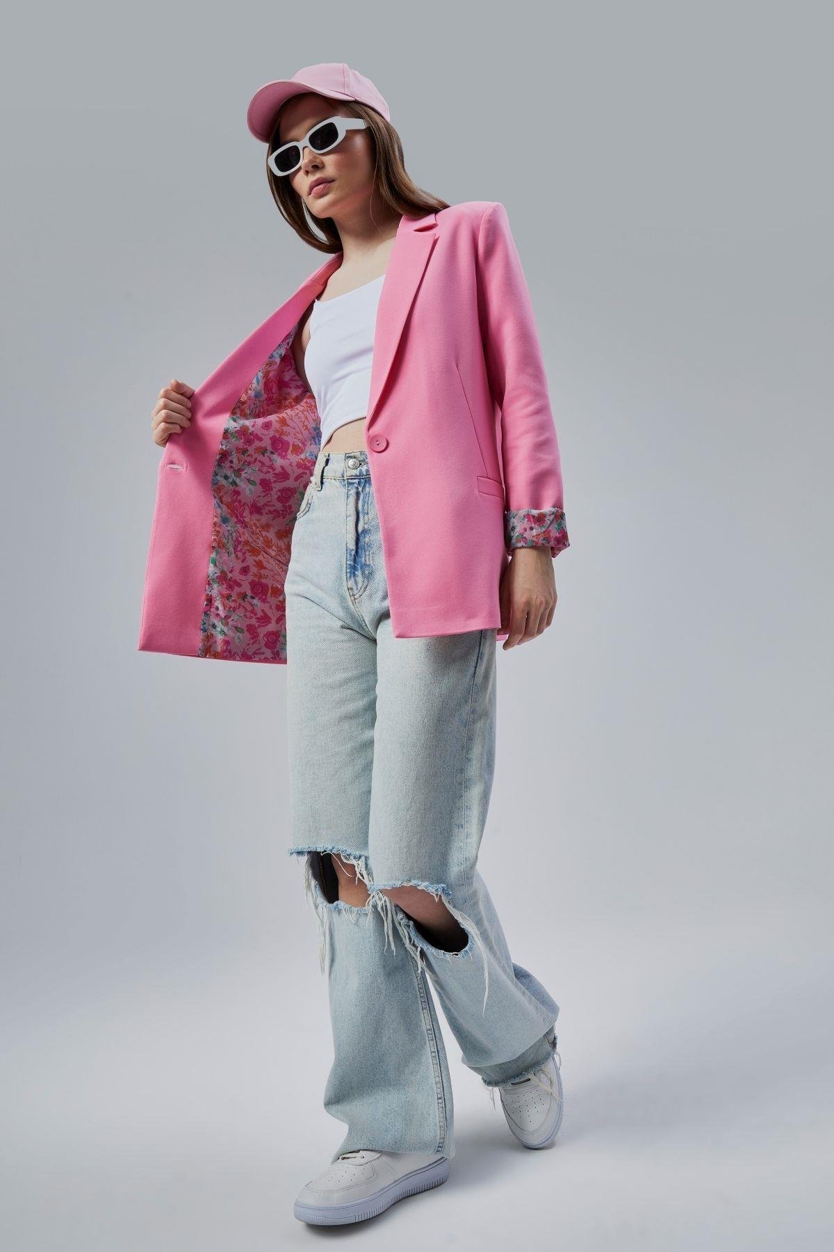 Pembe Kruvaze Yaka Kolu Katlama Detaylı Regular Vatkalı Blazer Ceket