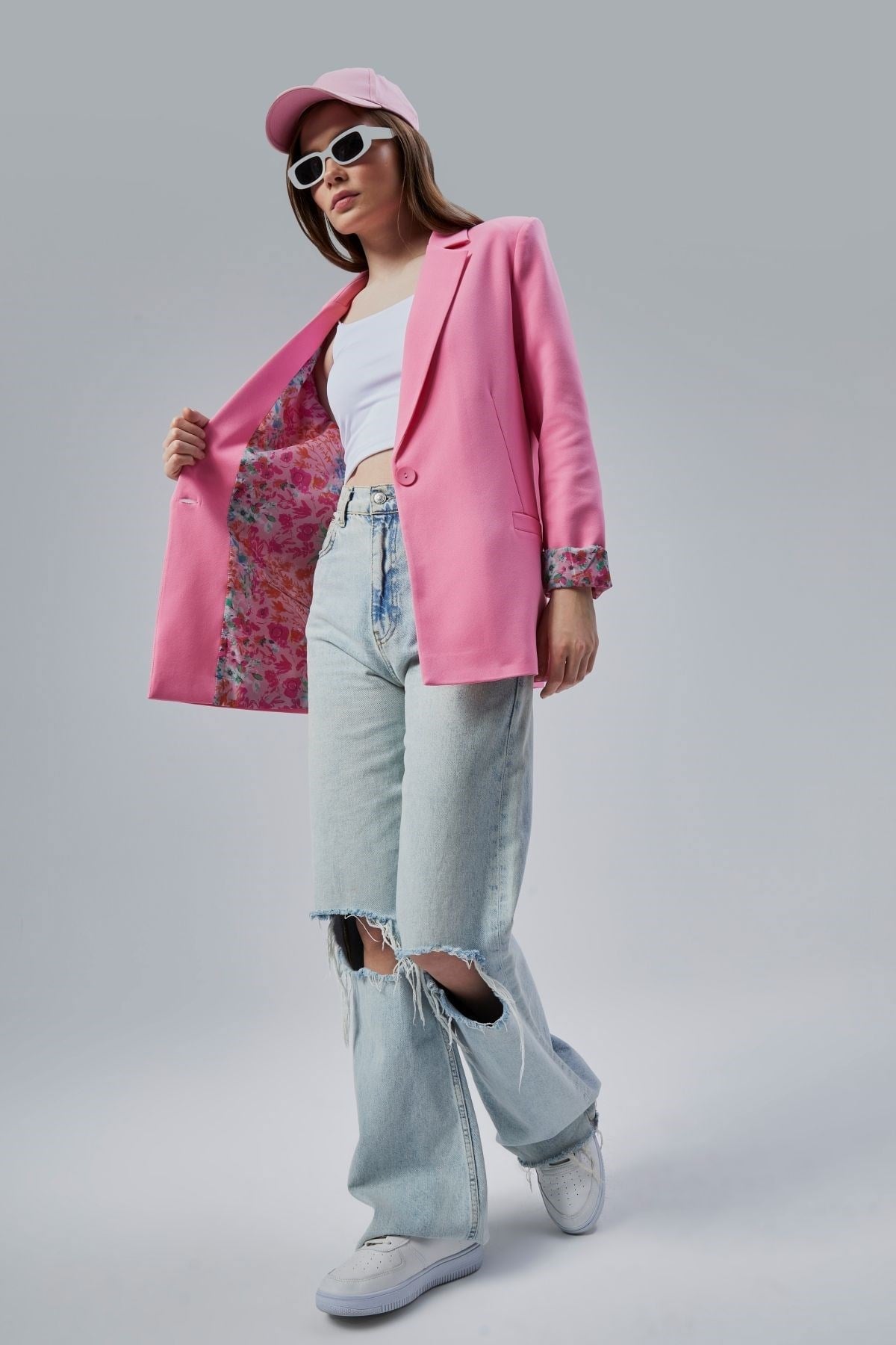 Pembe Kruvaze Yaka Kolu Katlama Detaylı Regular Vatkalı Blazer Ceket