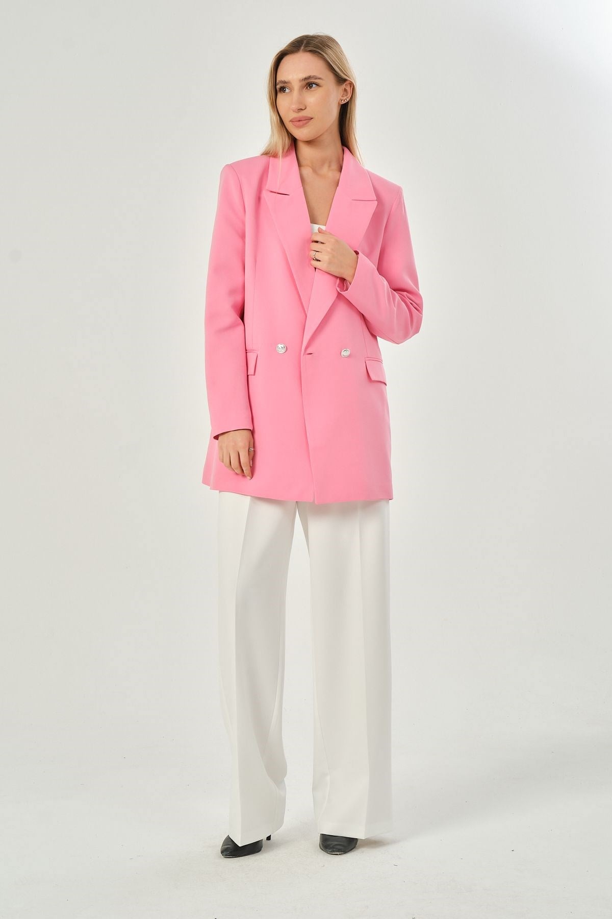 Pembe Oversize Dokuma Blazer Ceket