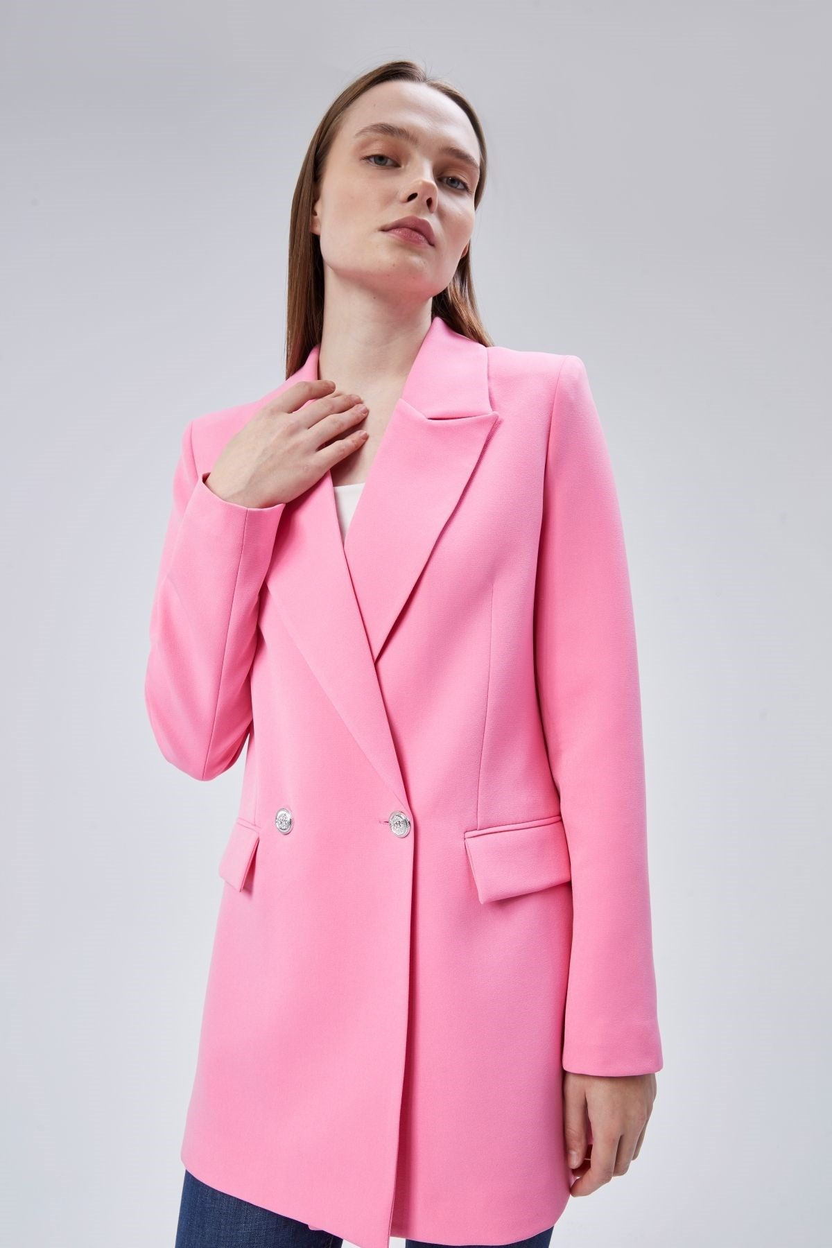 Pembe Oversize Dokuma Blazer Ceket
