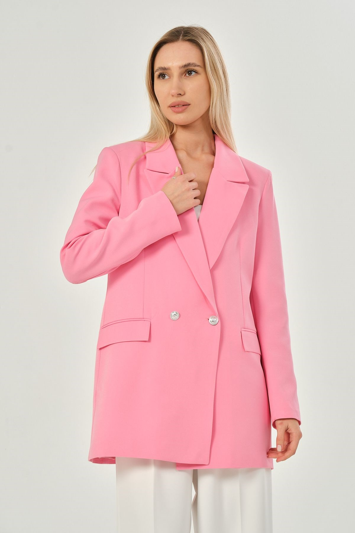 Pembe Oversize Dokuma Blazer Ceket