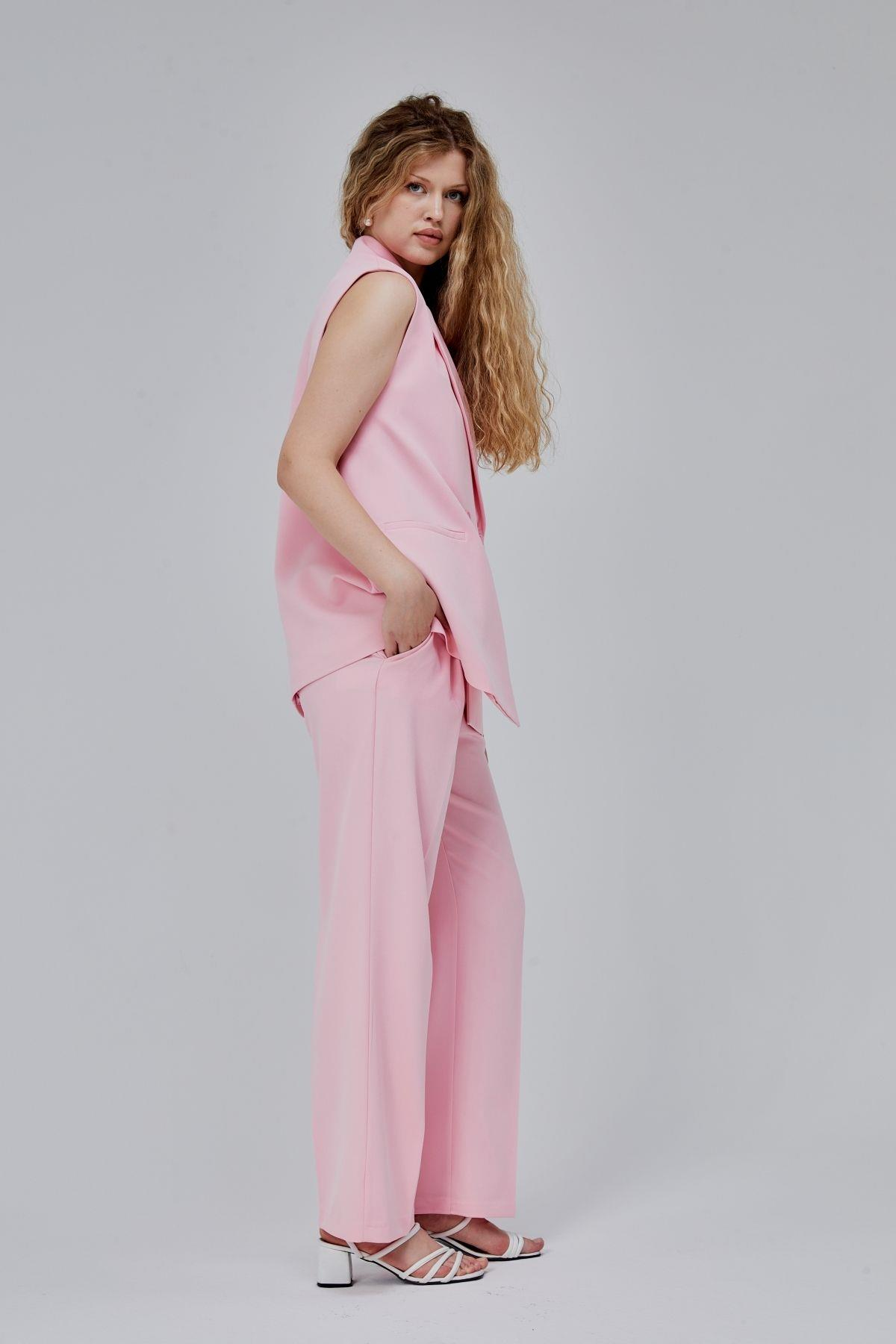 Pembe Oversize Kruvaze Yaka Astarlı Yelek