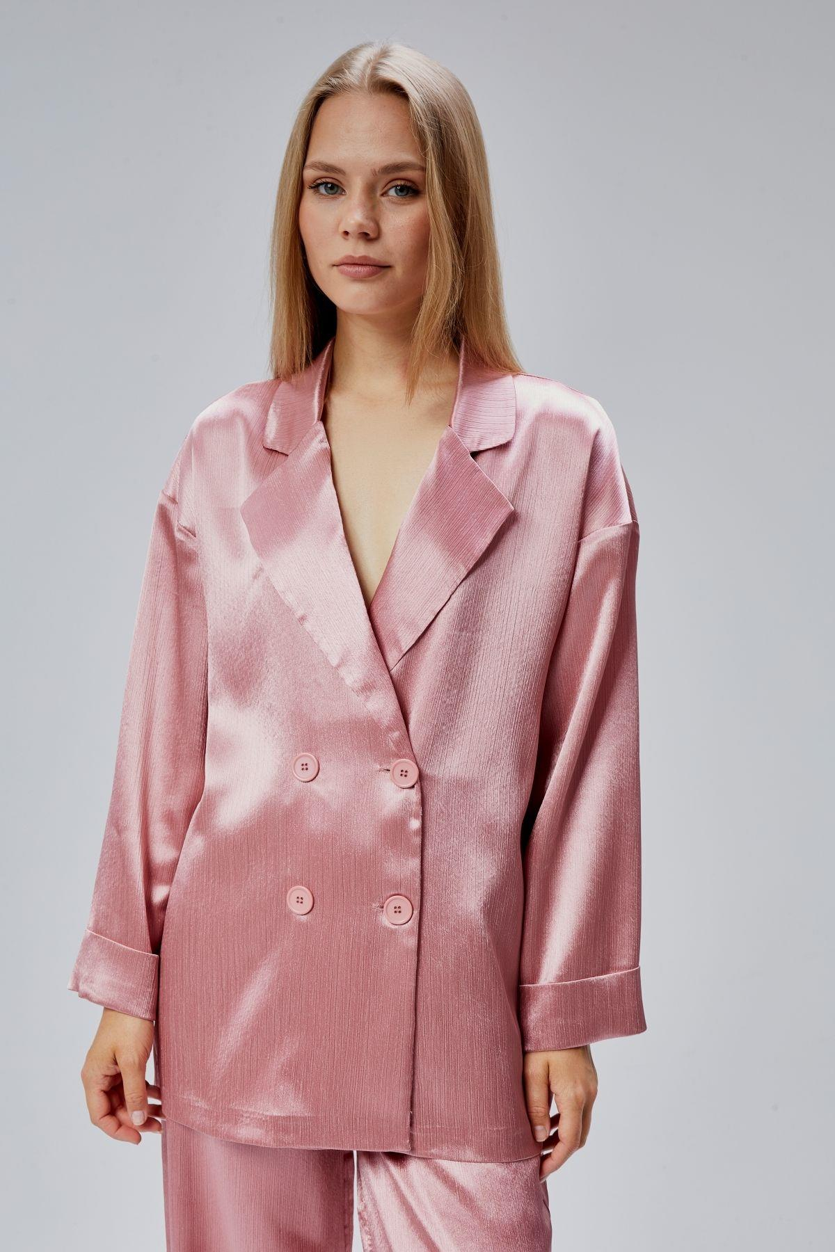 Pembe Oversize Saten Takım