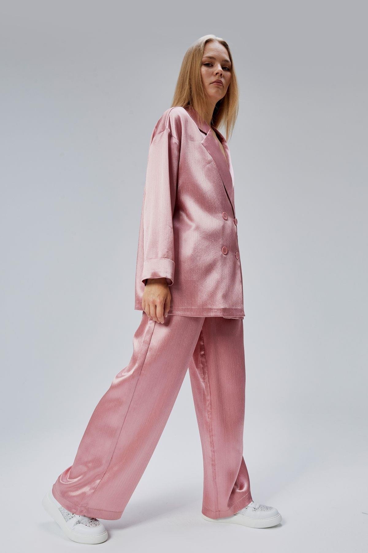 Pembe Oversize Saten Takım