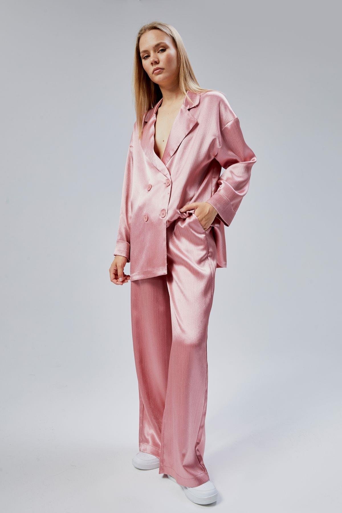 Pembe Oversize Saten Takım