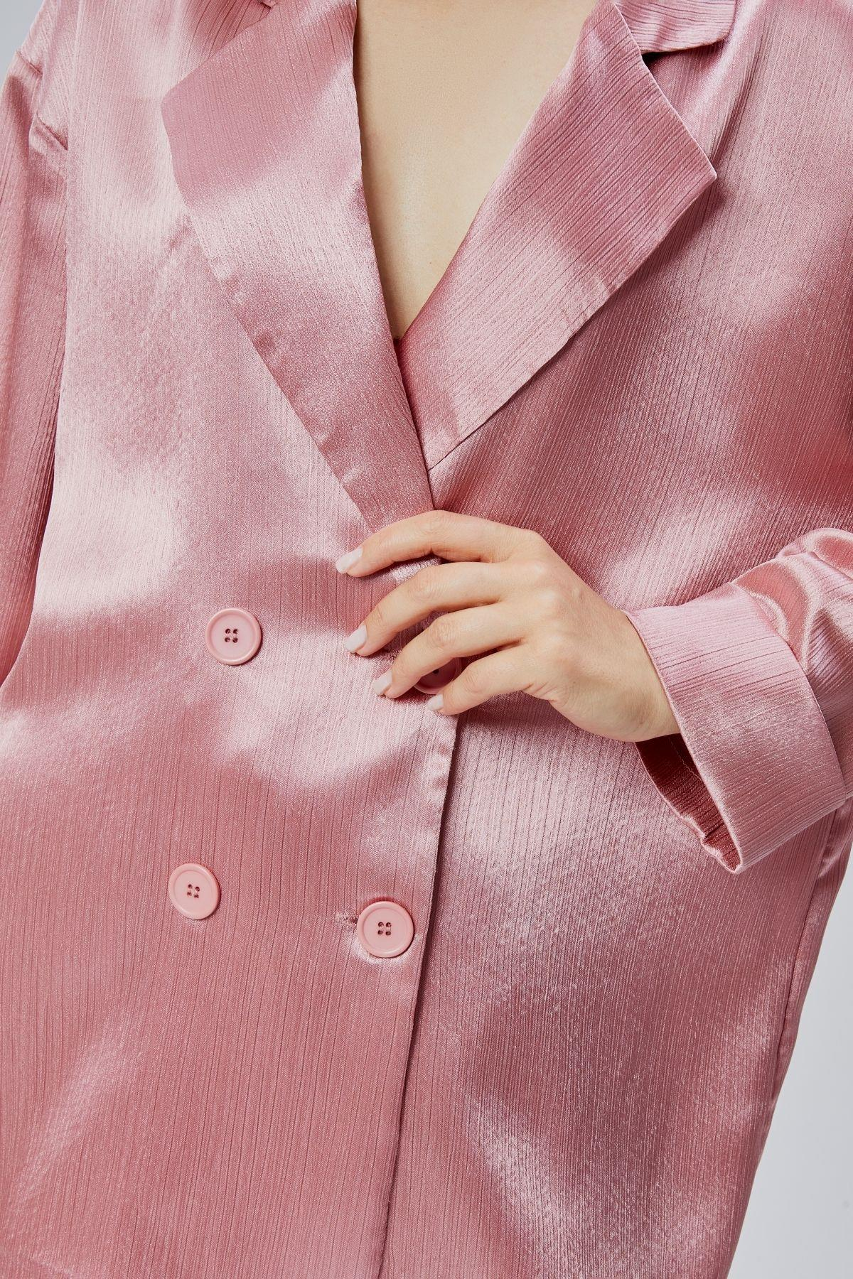 Pembe Oversize Saten Takım
