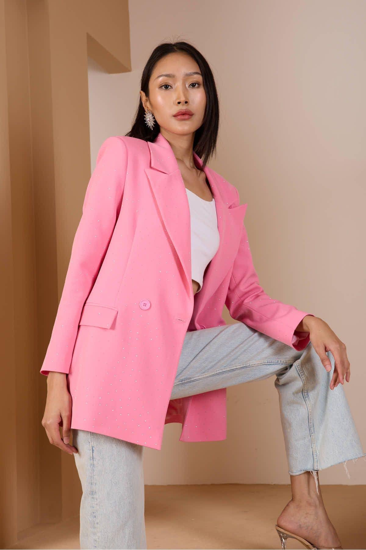 Pembe Regular Dokuma Astarlı Taş Detaylı Blazer Ceket