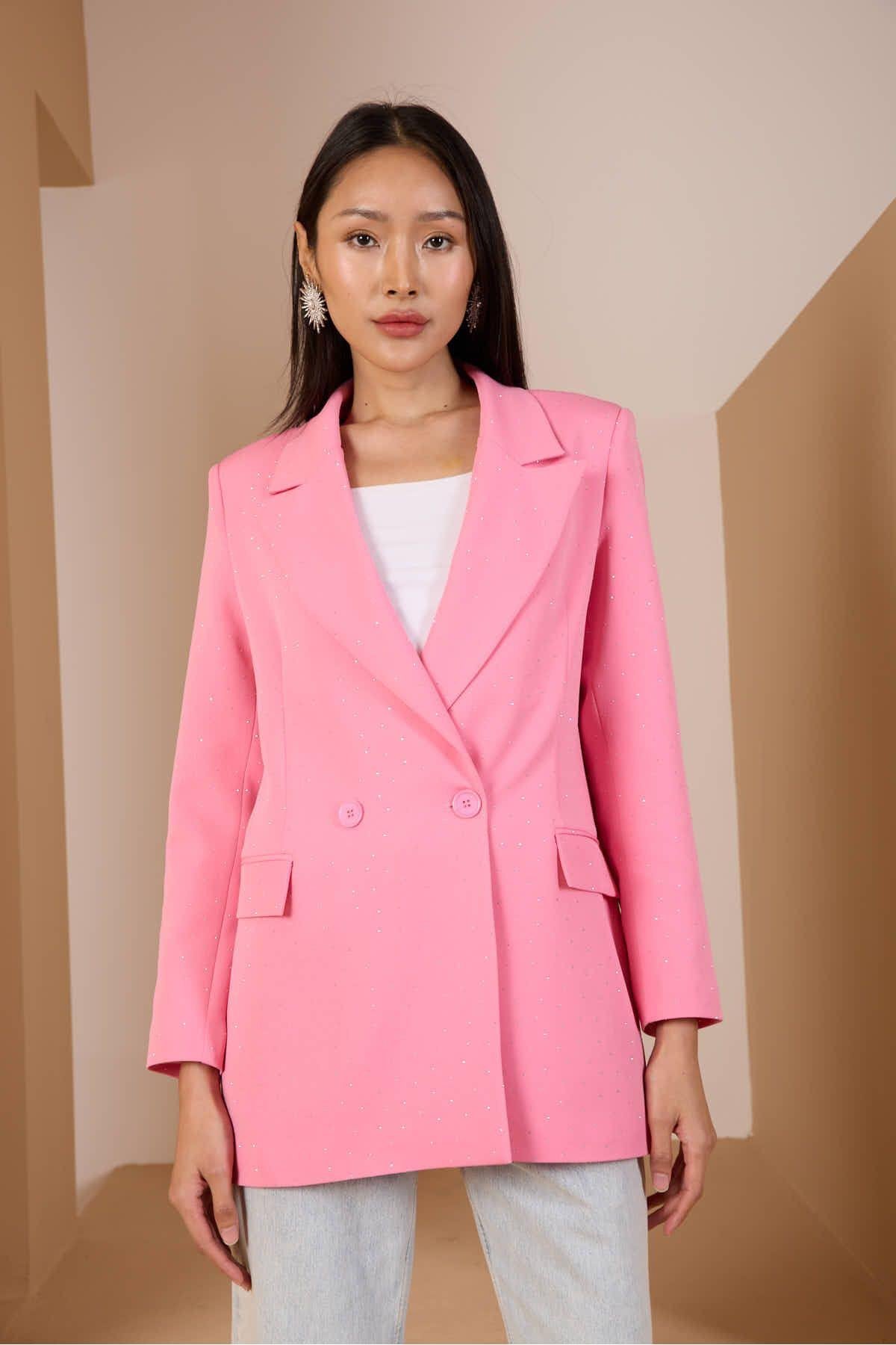 Pembe Regular Dokuma Astarlı Taş Detaylı Blazer Ceket