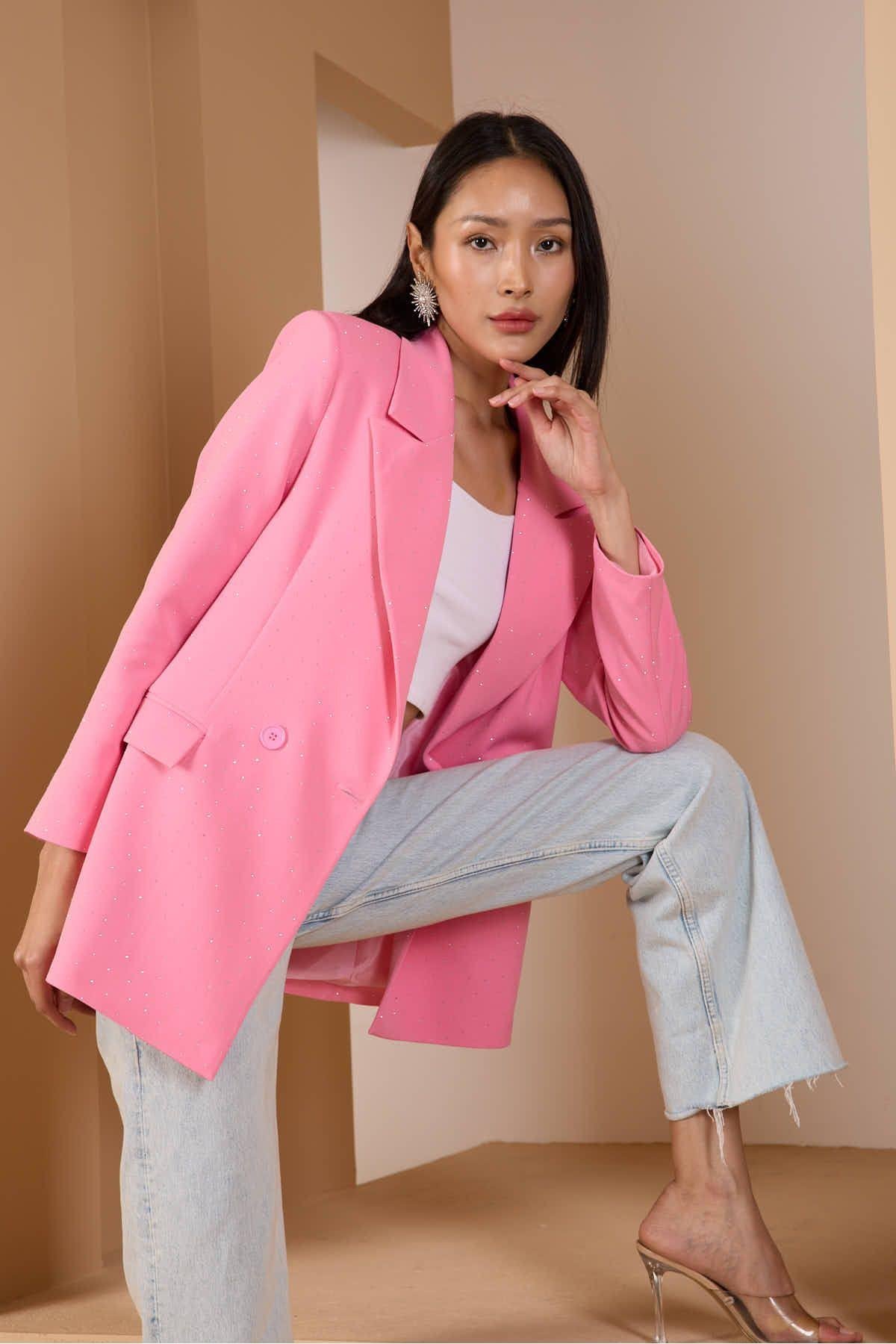Pembe Regular Dokuma Astarlı Taş Detaylı Blazer Ceket
