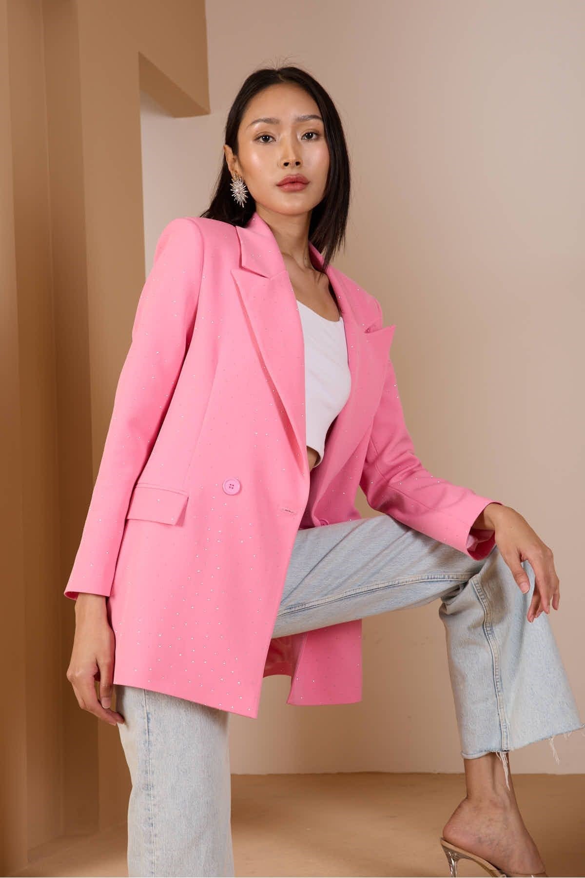 Pembe Regular Dokuma Astarlı Taş Detaylı Blazer Ceket
