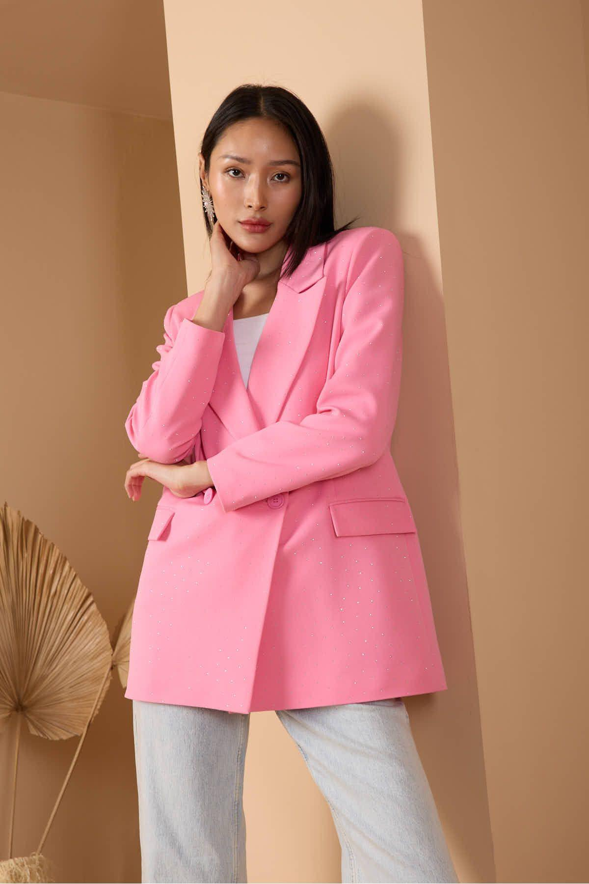 Pembe Regular Dokuma Astarlı Taş Detaylı Blazer Ceket