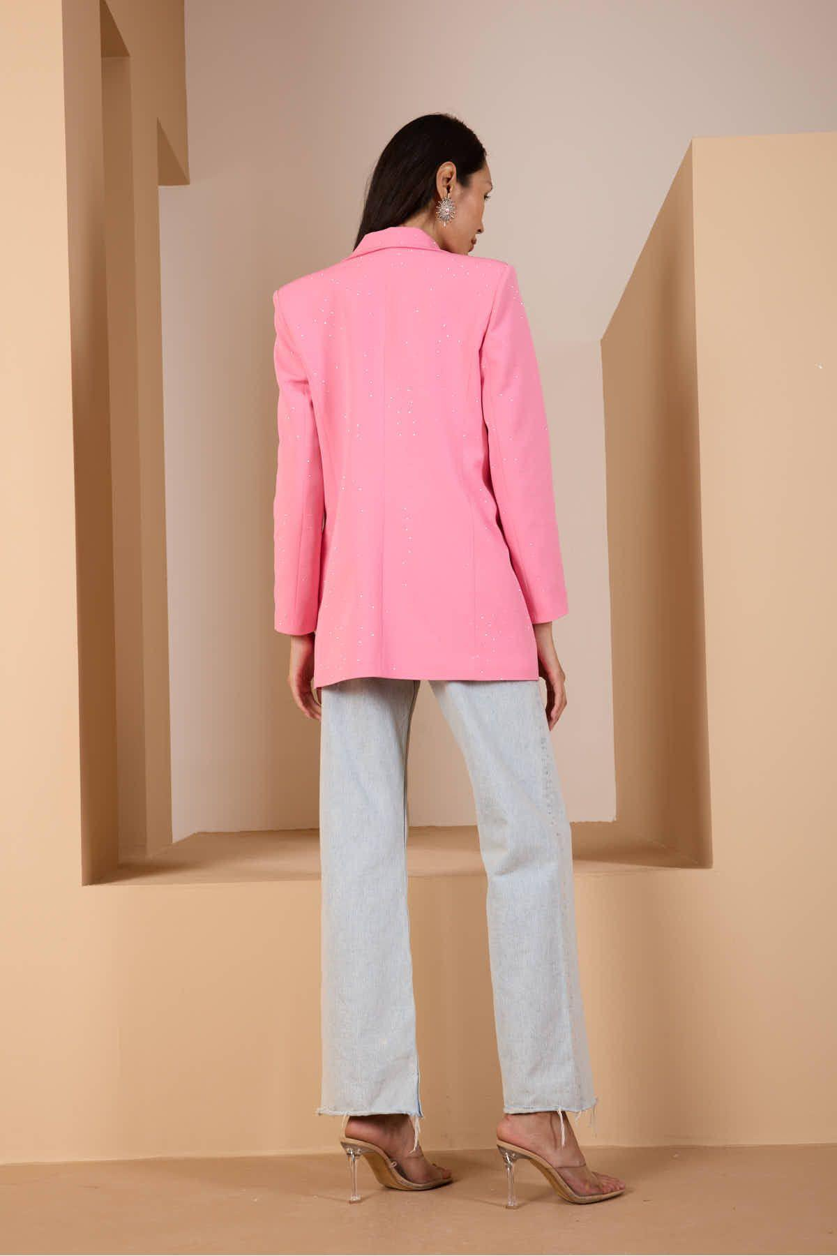 Pembe Regular Dokuma Astarlı Taş Detaylı Blazer Ceket