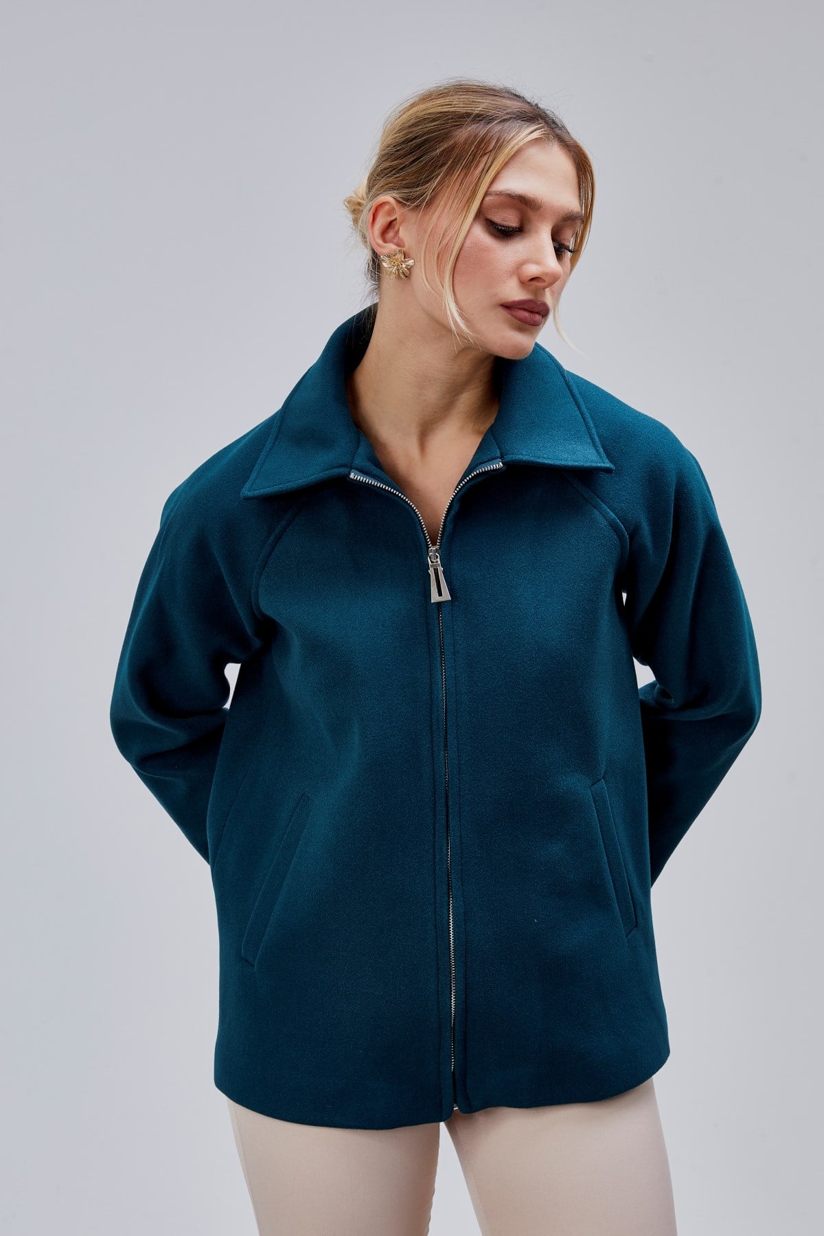 Petrol Mavi Oversize Fermuarlı Kaşe Ceket