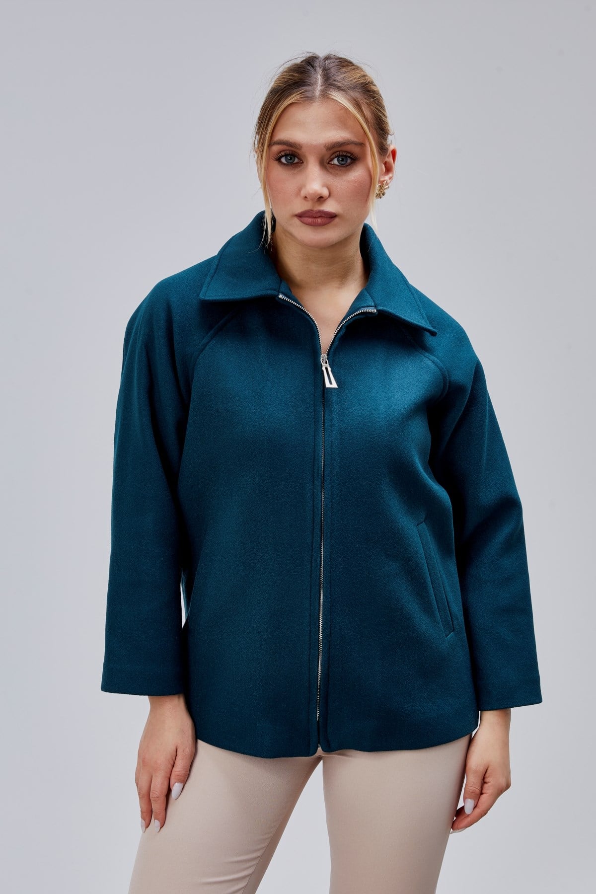 Petrol Mavi Oversize Fermuarlı Kaşe Ceket
