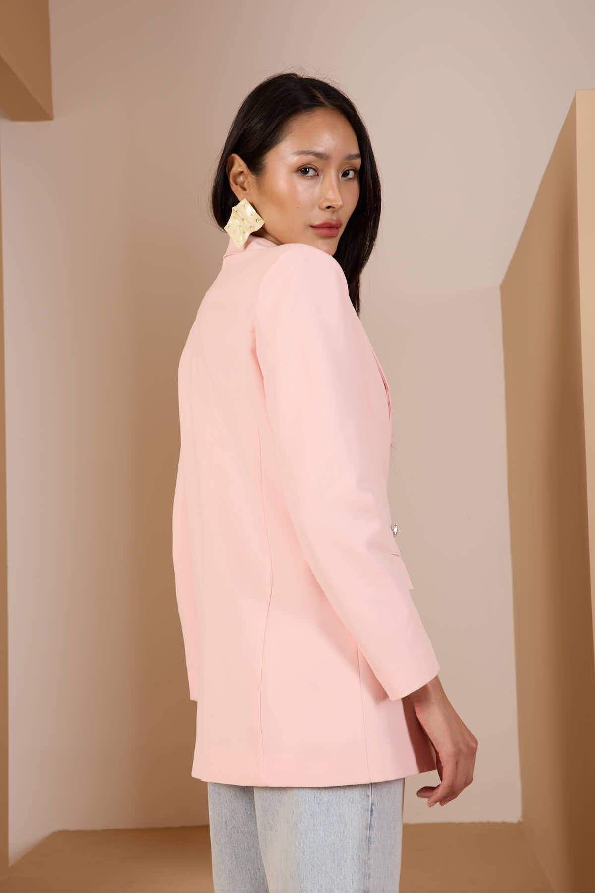Pudra Oversize Dokuma Blazer Ceket