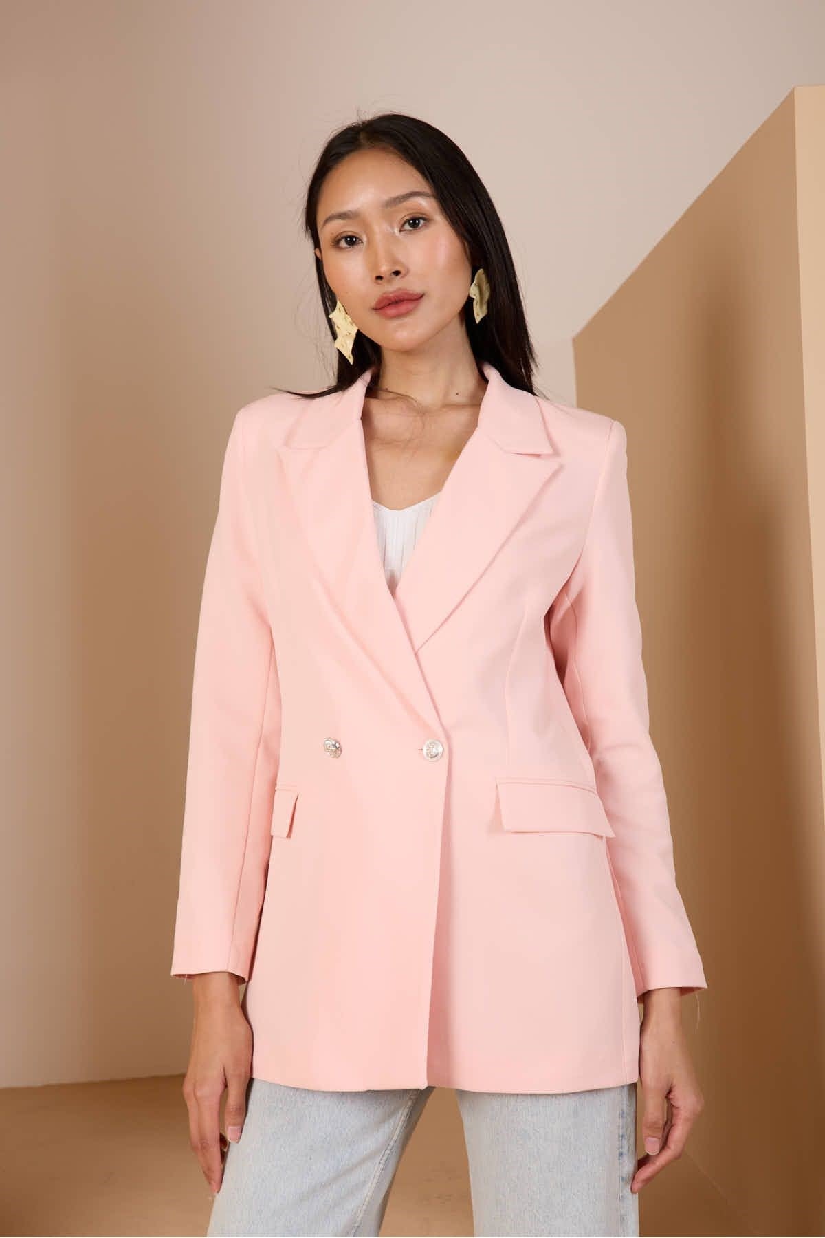 Pudra Oversize Dokuma Blazer Ceket