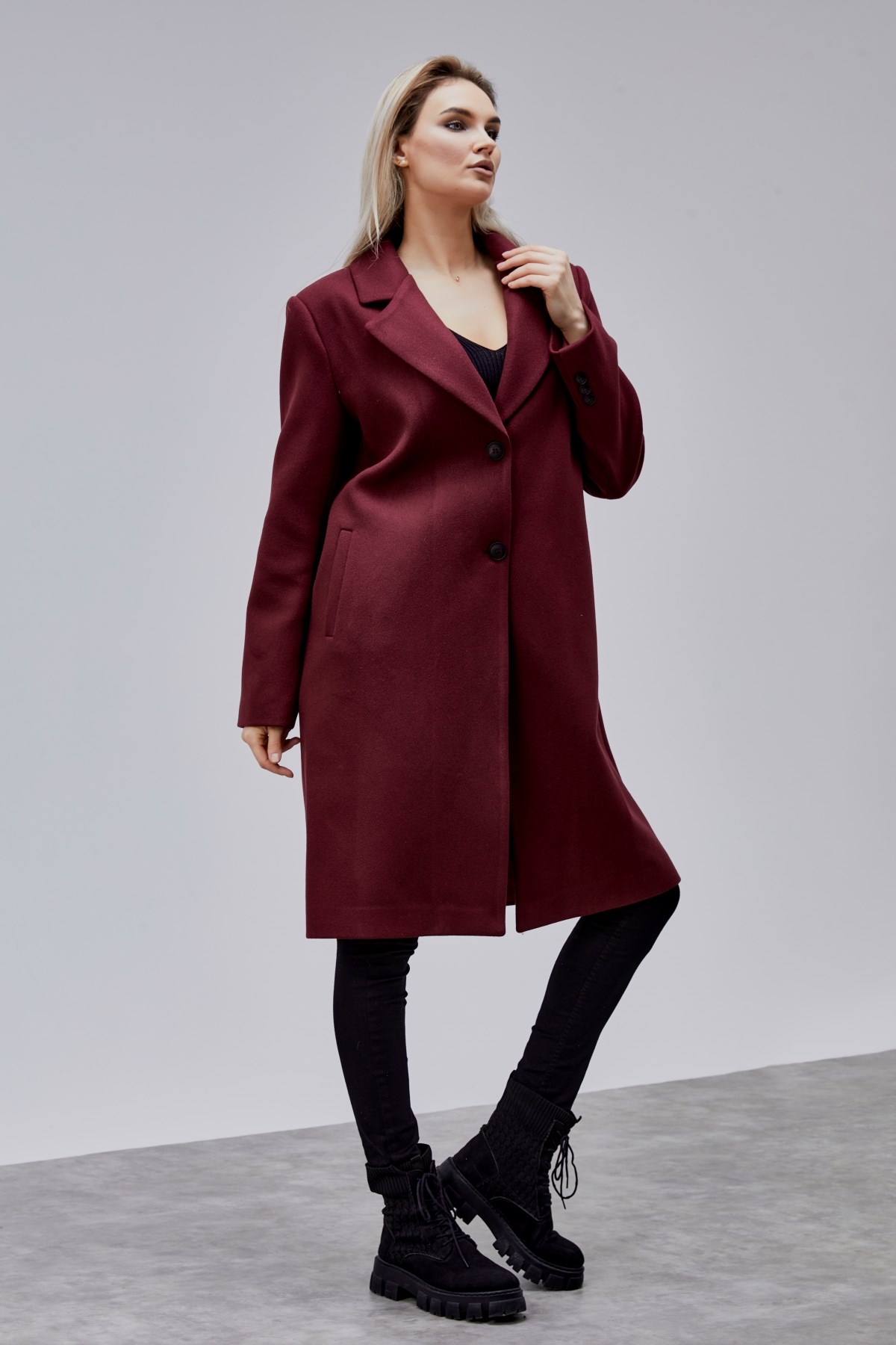 Rosalia Bordo Oversize Kruvaze Kaşe Kaban